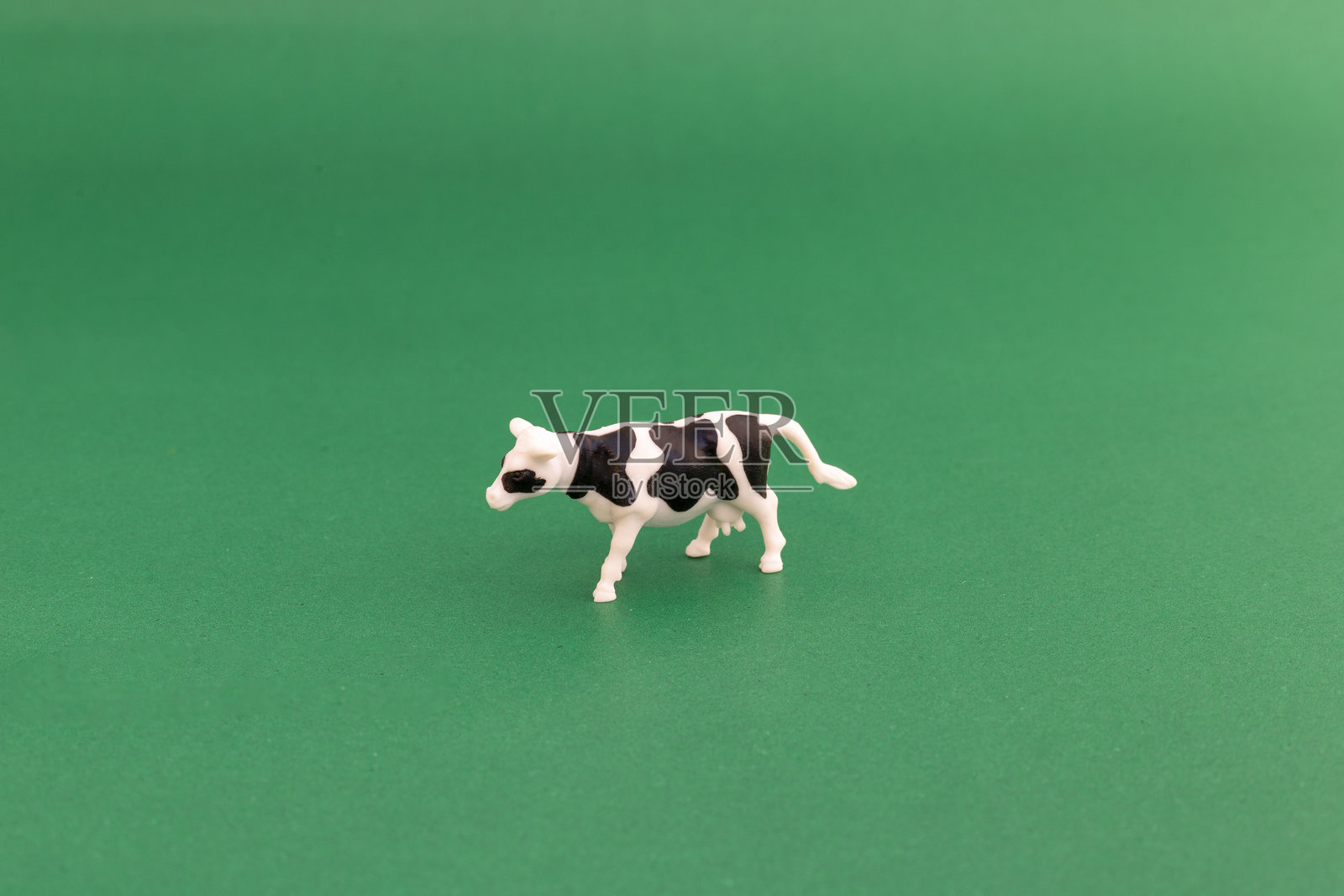 一只黑白塑料牛在绿色背景上照片摄影图片