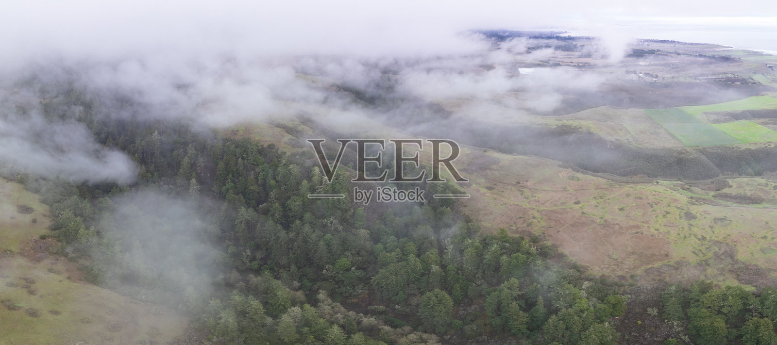 加利福尼亚州圣克鲁斯山脉上空的雾气流动鸟瞰图照片摄影图片