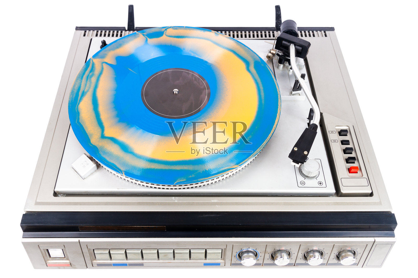 复古唱盘播放器，配有蓝色和橙色黑胶唱片照片摄影图片