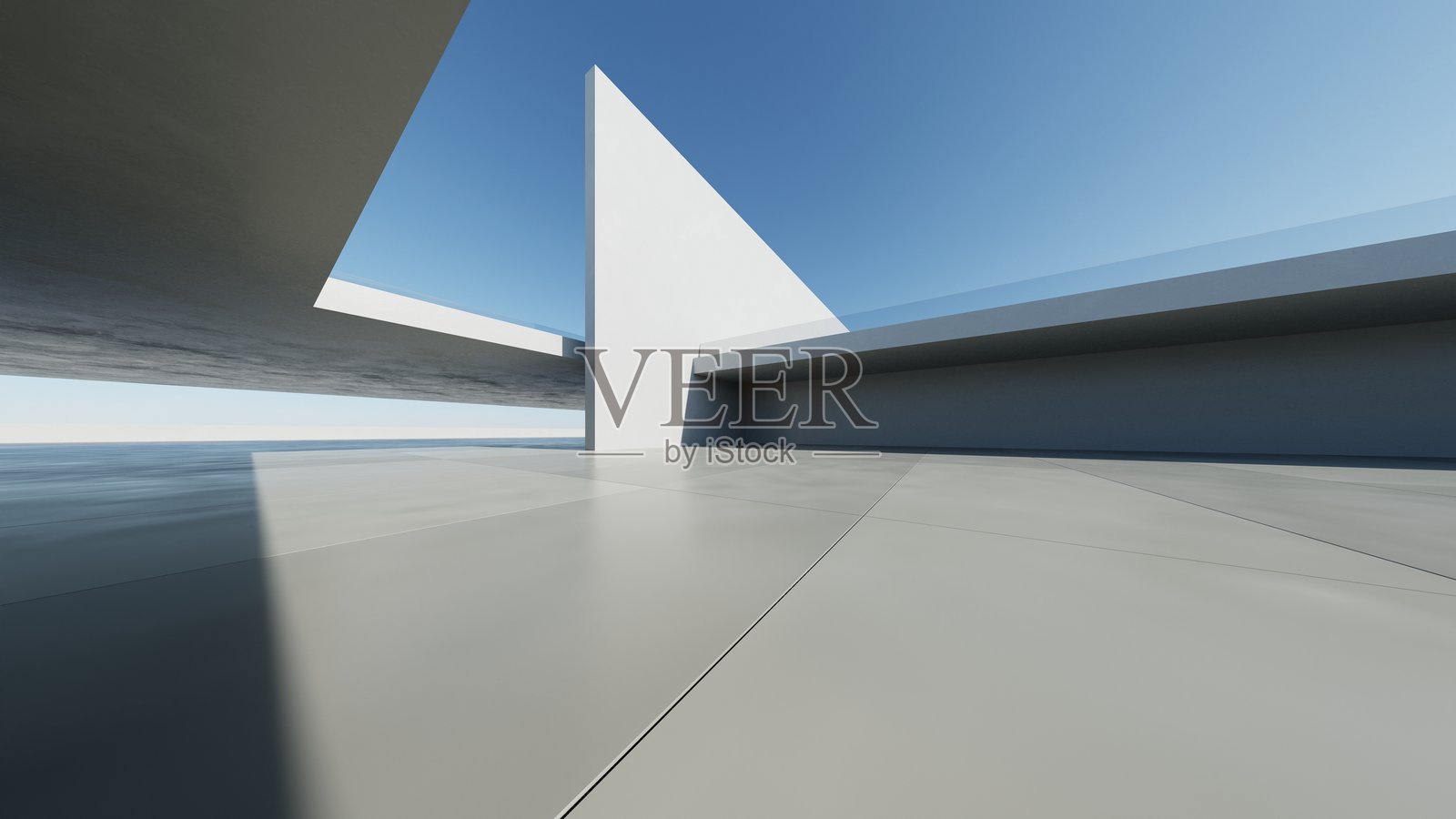 现代抽象混凝土建筑的3D渲染，空旷的水泥地面，简约的外观，汽车展示背景照片摄影图片