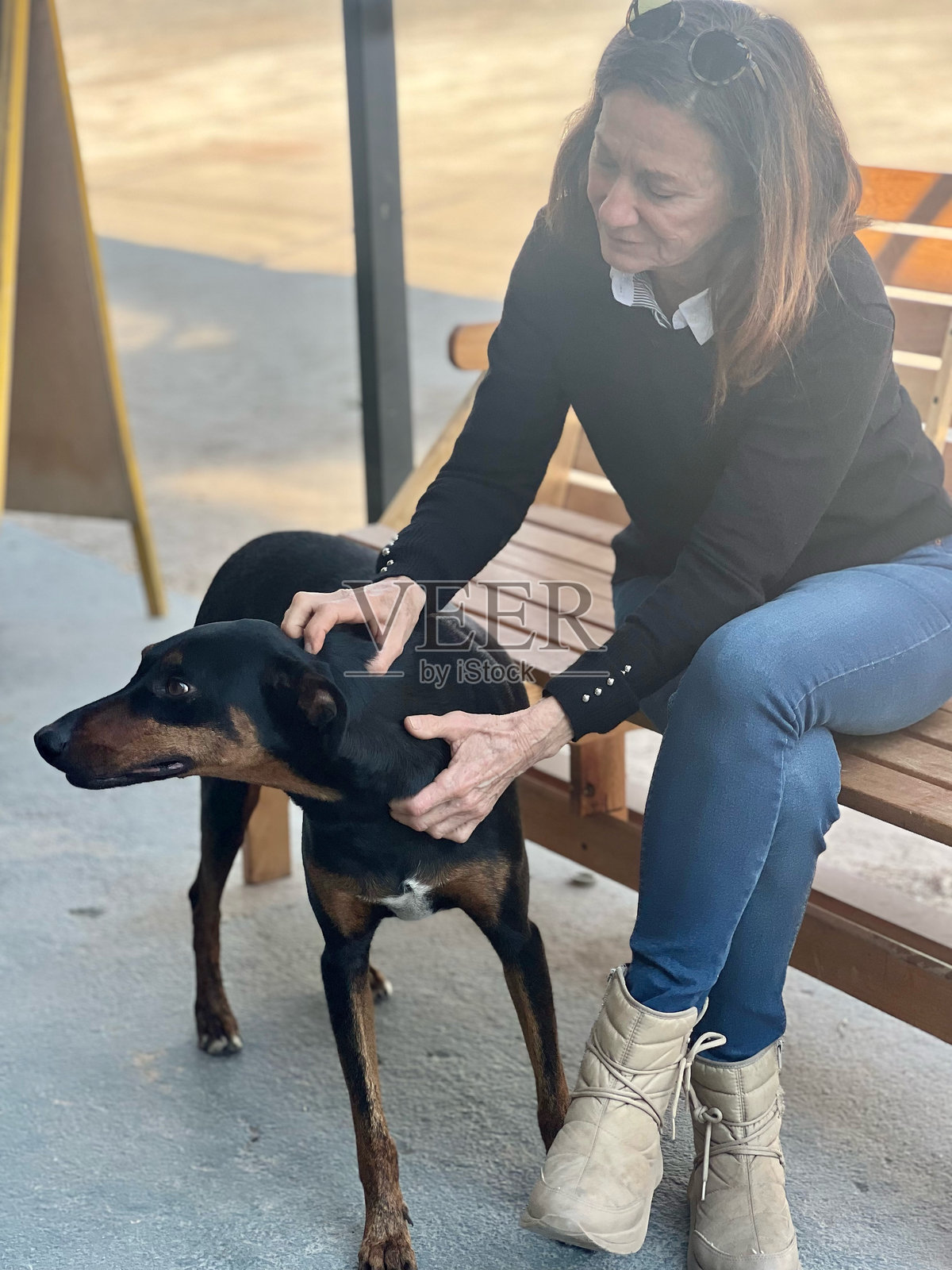 活跃的老年女性与黑狗坐在风景如画的户外环境中照片摄影图片