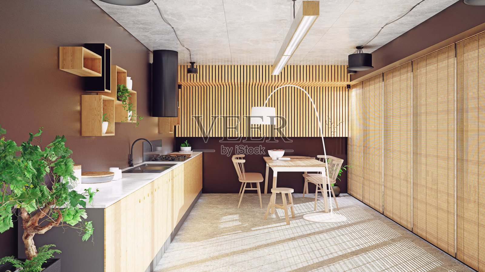 现代厨房室内设计。照片摄影图片