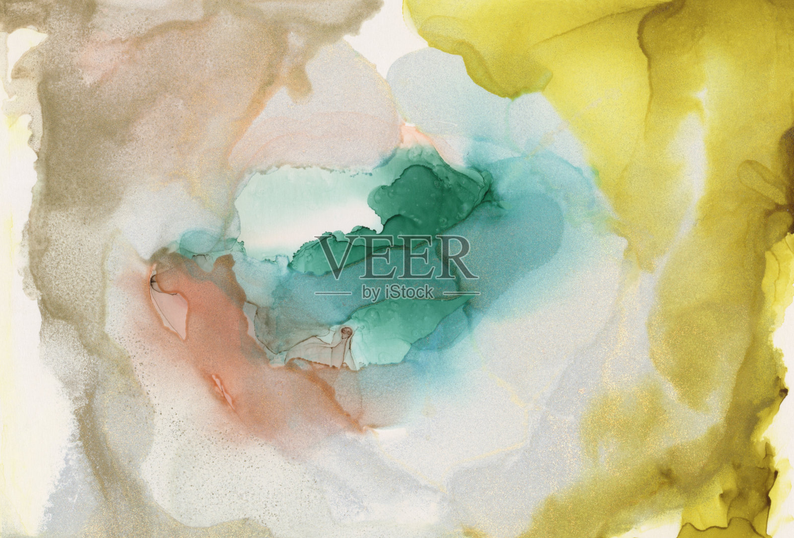 艺术抽象米色和蓝色水彩与酒精墨水流动涂抹斑点画。留白画布纹理横向背景。照片摄影图片