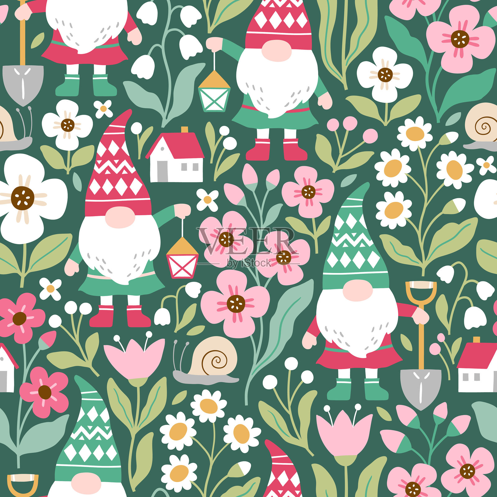 无缝矢量图案，包含可爱的园艺侏儒和花朵。手绘的仙女侏儒与花卉背景。EPS 10矢量文件。非常适合纺织品、壁纸或婴儿房印刷设计。插画图片素材