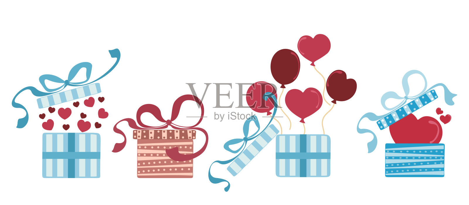 情人节元素的矢量插图套装，包含开合盖的礼品盒，卡通涂鸦风格的情人节符号，展示带有粉色心形气球和丝带的标志。可爱风格，便于编辑设计。插画图片素材