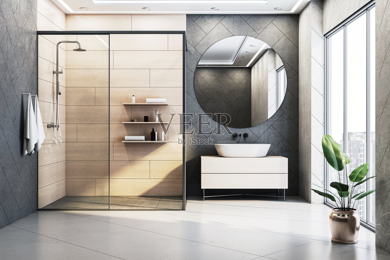 现代浴室室内设计，配有木质和瓷砖墙壁、圆形镜子、玻璃淋浴间，以及透过大窗户洒入的阳光。3D渲染图照片摄影图片