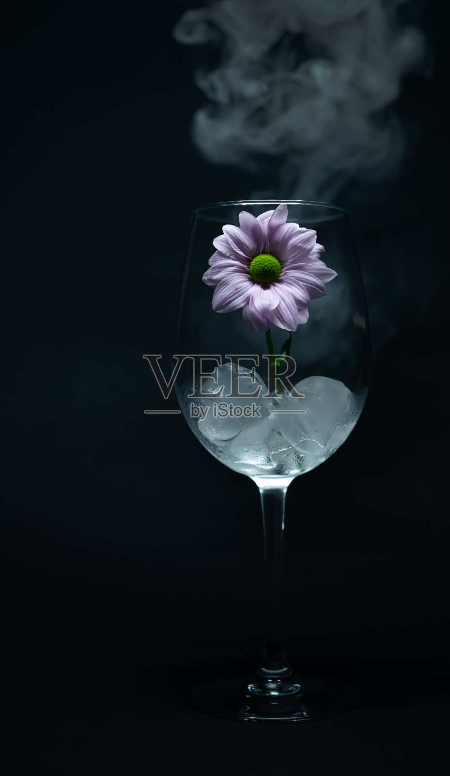 黑色背景上的酒杯，盛有菊花和冰块，伴有烟雾。照片摄影图片