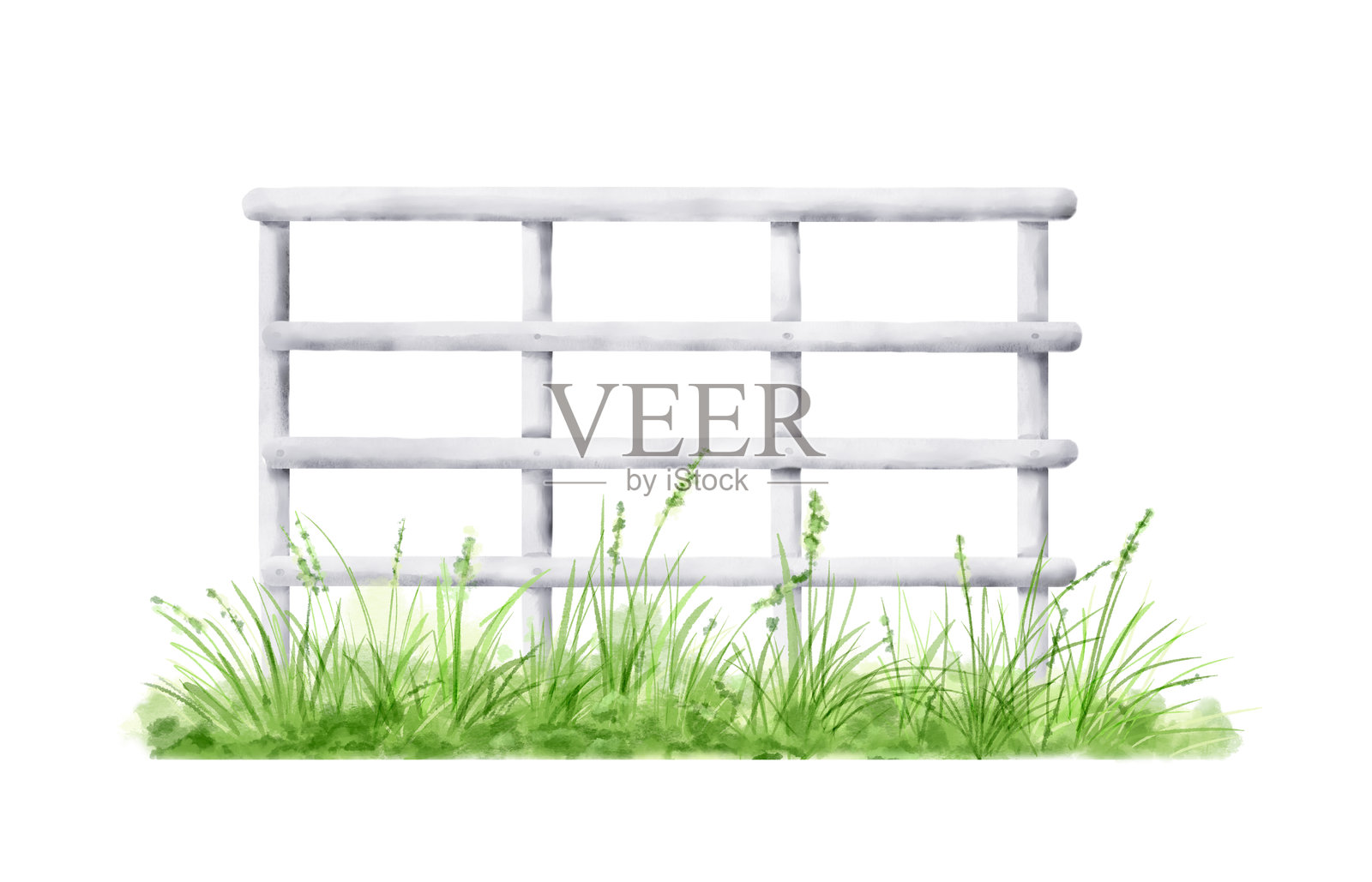 灌木丛和绿草上的木制指示牌。水彩数字插图。春天的绿意和自然风光，背景为白色。可爱的木制招牌钉在钉子上。插画图片素材