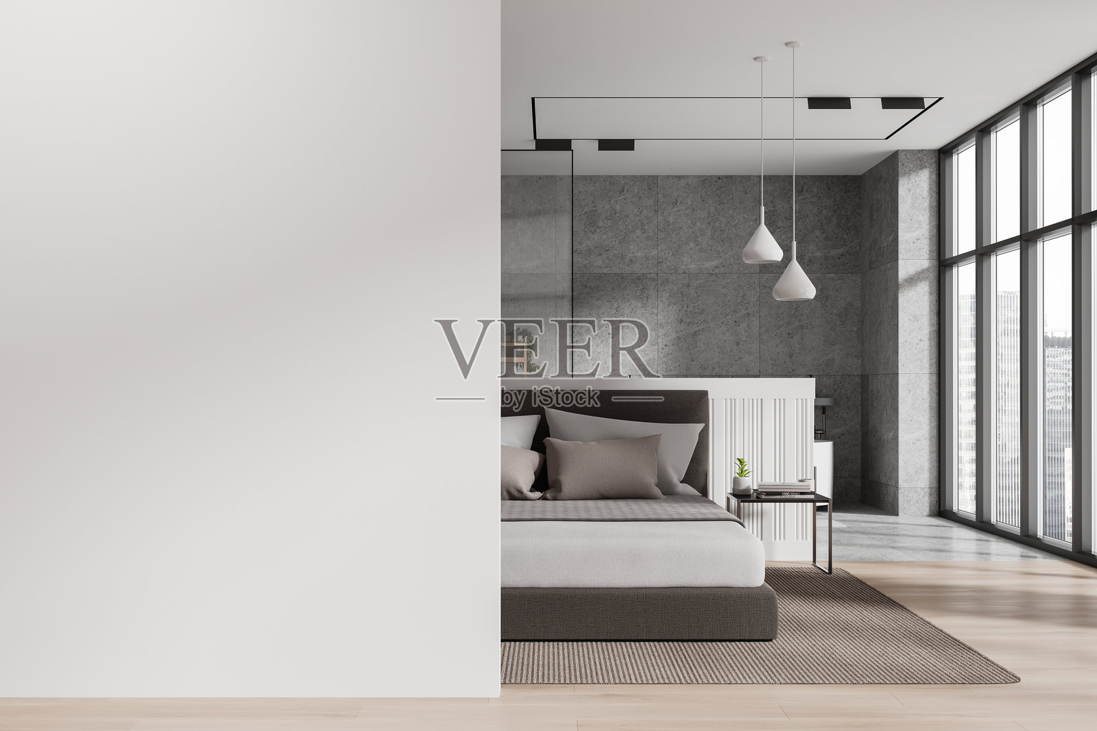 极简主义卧室，空白白墙用于展示，现代床和装饰，明亮自然光的室内设计。3D渲染照片摄影图片