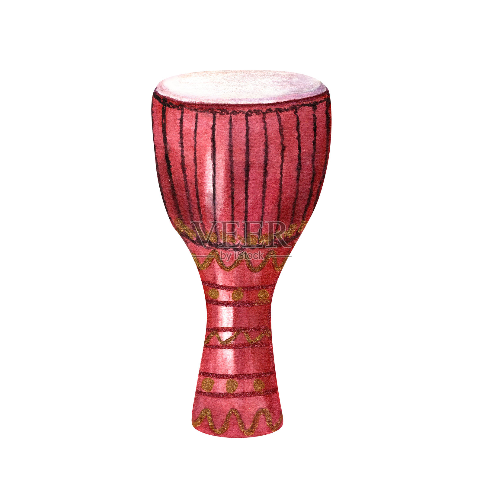 手鼓水彩插图，背景为白色。传统的狂欢节音乐打击乐器。适用于贺卡、海报、音乐会装饰的狂欢节、巴西狂欢节元素。插画图片素材