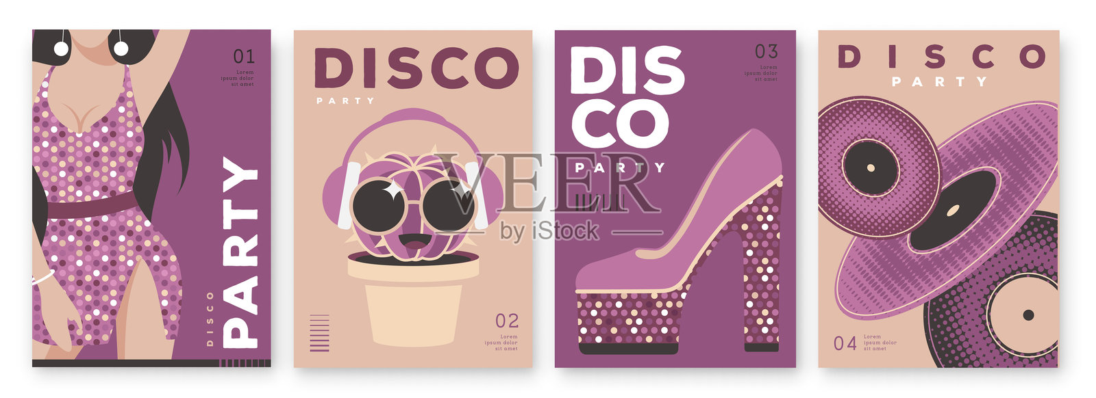 复古迪斯科派对海报、封面或横幅的组合，带有迪斯科球。迪斯科背景。扁平设计。矢量插图插画图片素材