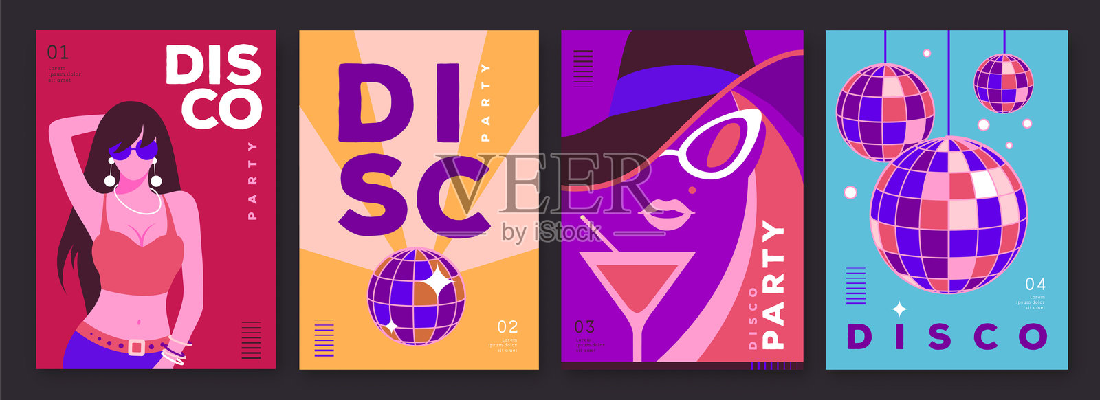 复古迪斯科派对海报、封面或横幅的组合，带有迪斯科球。迪斯科背景。扁平设计。矢量插图插画图片素材