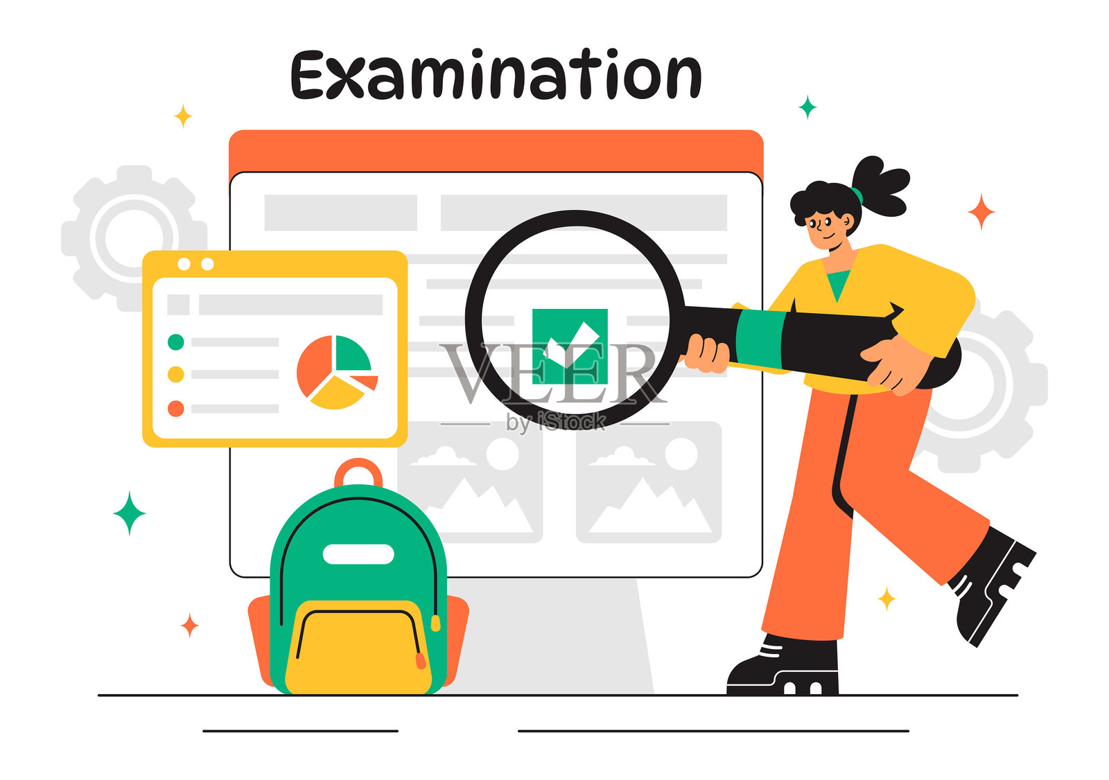 在线考试的试卷矢量插图，包含答题纸、表格、调查和互联网测验，背景为平面风格的卡通图案插画图片素材