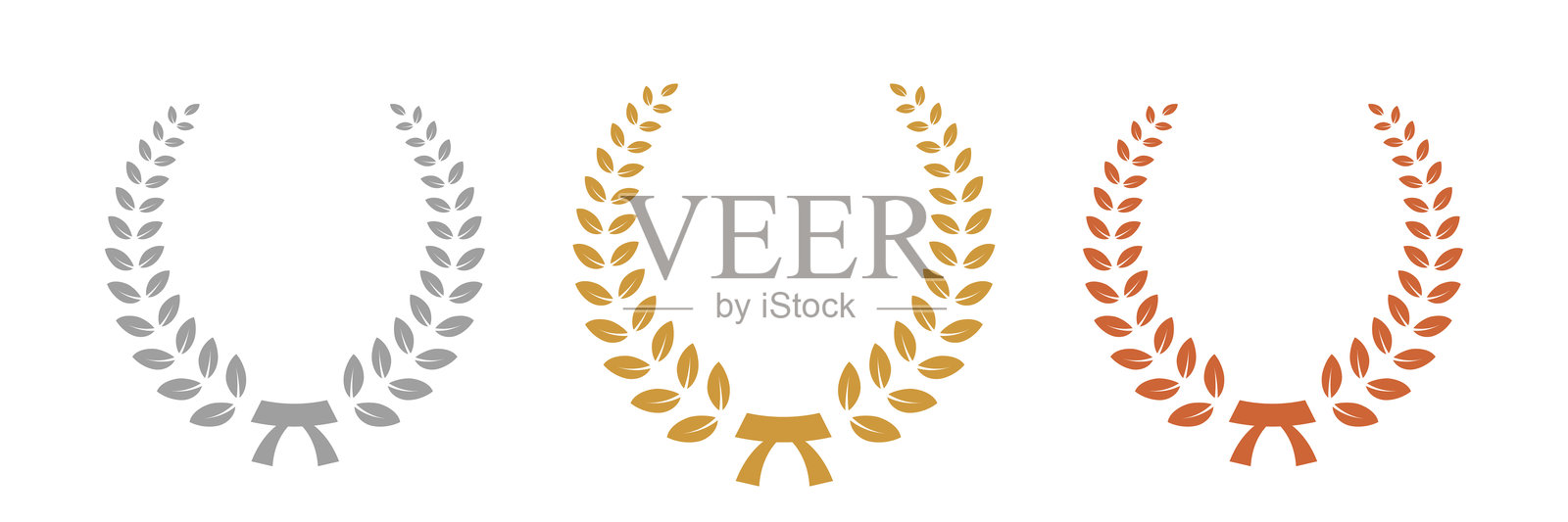 金、银、铜桂冠。获胜者奖牌奖项套装矢量插图。胜利象征，胜利徽章，冠军奖品，透明背景下独立展示。插画图片素材