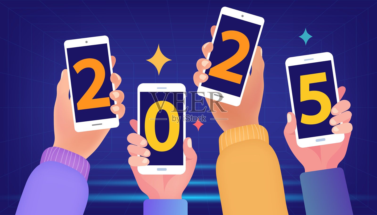 手持智能手机，屏幕上显示“2025”和折扣百分比符号。最终促销公告，商品大幅折扣，产品价格降低。网页或社交媒体横幅。矢量插图。插画图片素材