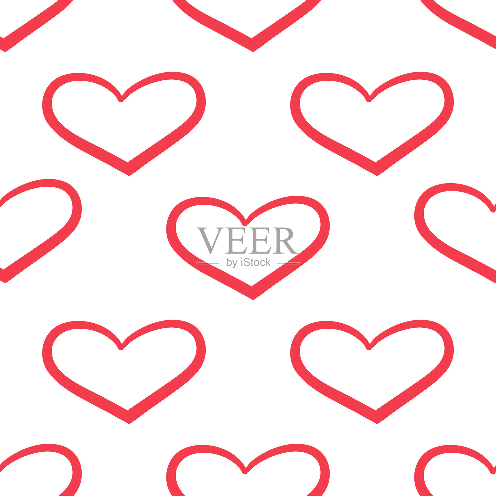 白色背景上的无缝图案，红色轮廓的心形涂鸦风格插画图片素材