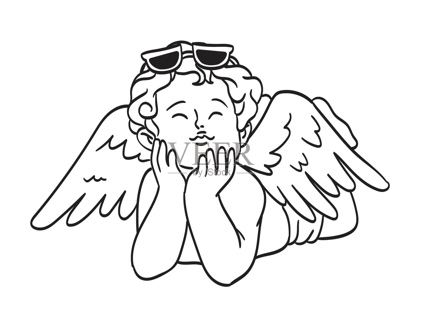 复古天使宝宝丘比特插图。孤立的复古可爱小天使画作，佩戴太阳镜的复古小天使，涂鸦线条艺术纹身风格，适用于海报、标语牌和婚礼邀请设计。插画图片素材