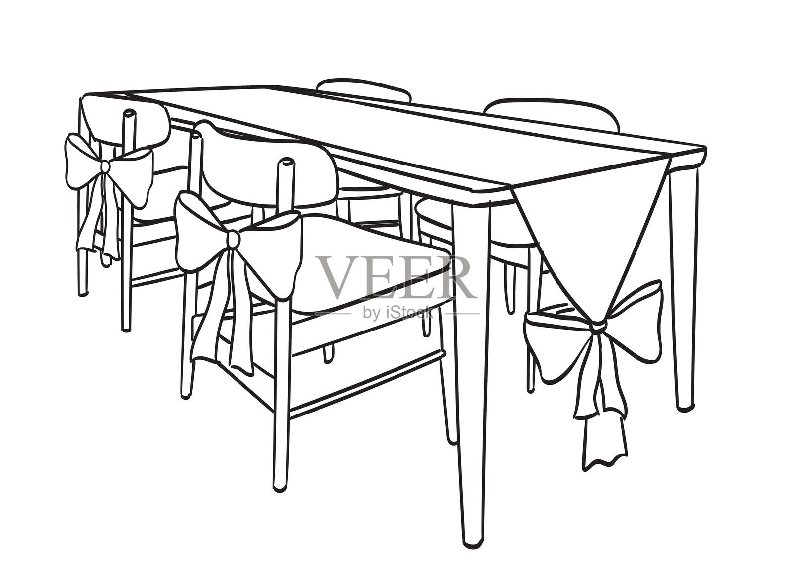手绘粉笔桌椅插图设计。意大利风格的婚礼晚宴桌饰，适用于婚礼、生日或周年庆邀请函、咖啡馆菜单和派对。素描涂鸦风格。插画图片素材