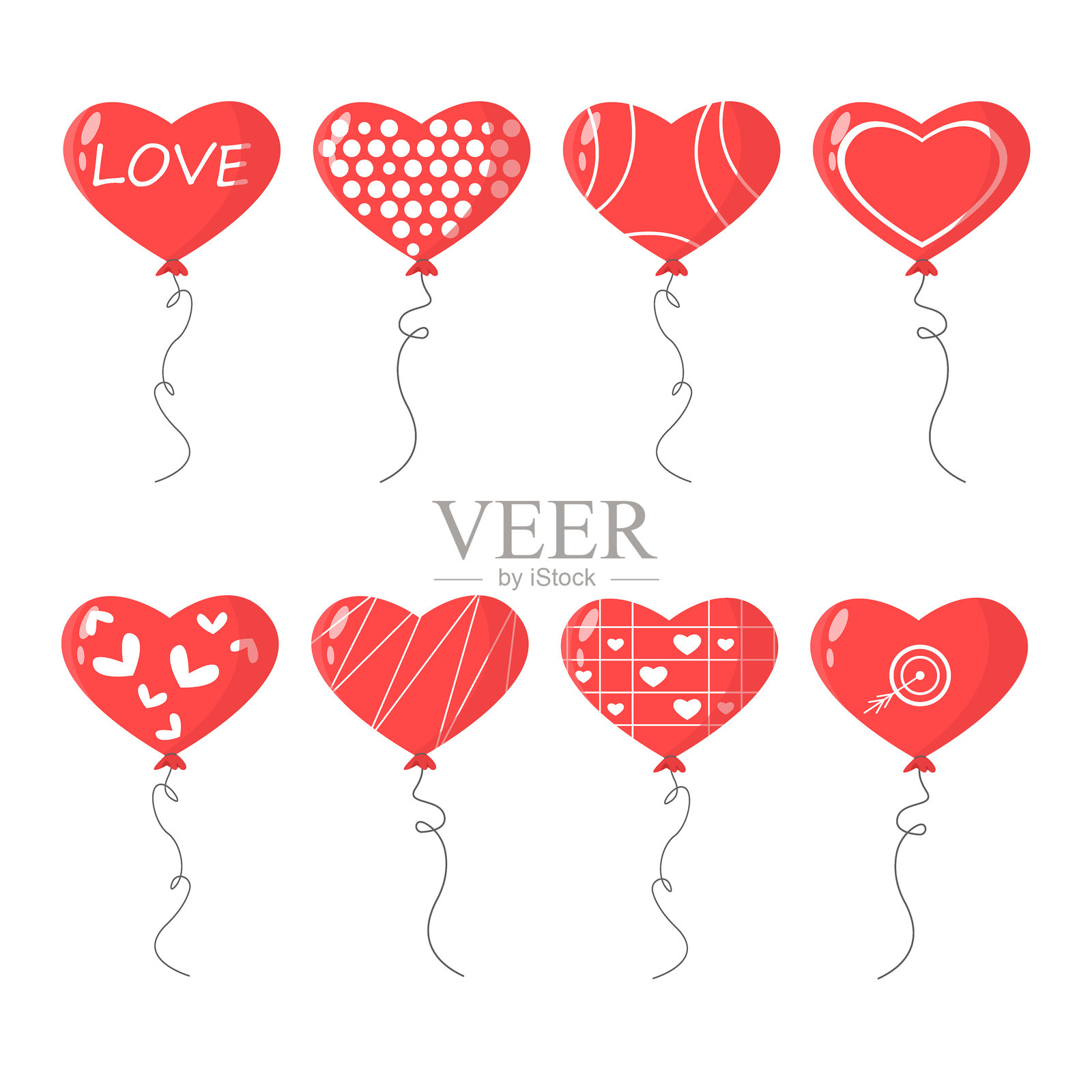 一组心形气球，带有图案。情人节、婚礼、浪漫、爱情、关系。插画图片素材