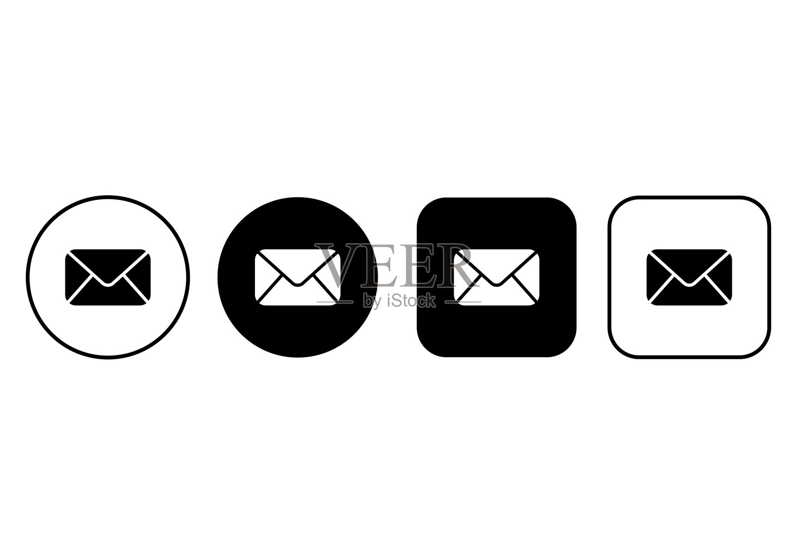 一组电子邮件图标按钮。简单的黑白图标，带圆角。插画图片素材