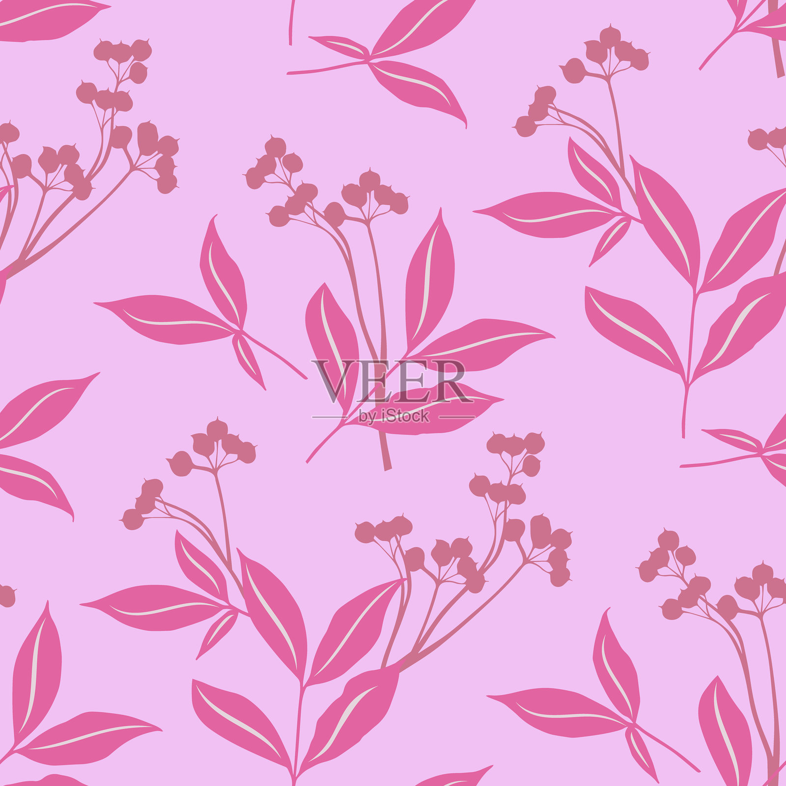 矢量 - 无缝的叶子与浆果图案插图。插画图片素材