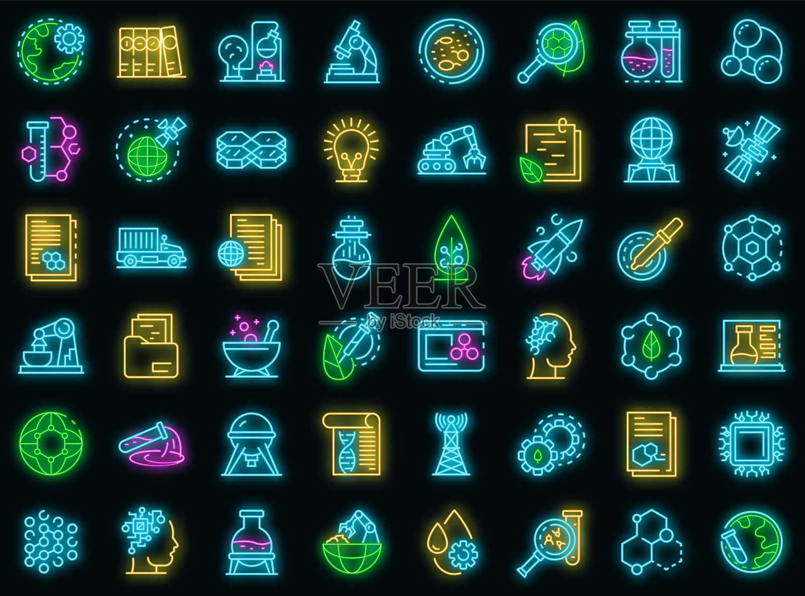 纳米技术图标集 矢量霓虹灯插画图片素材