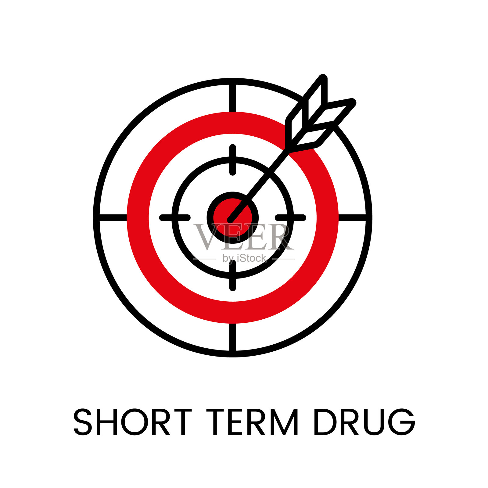 一个带箭头的靶子图标，象征着精确的短期药物靶向，具有可编辑的线条插画图片素材