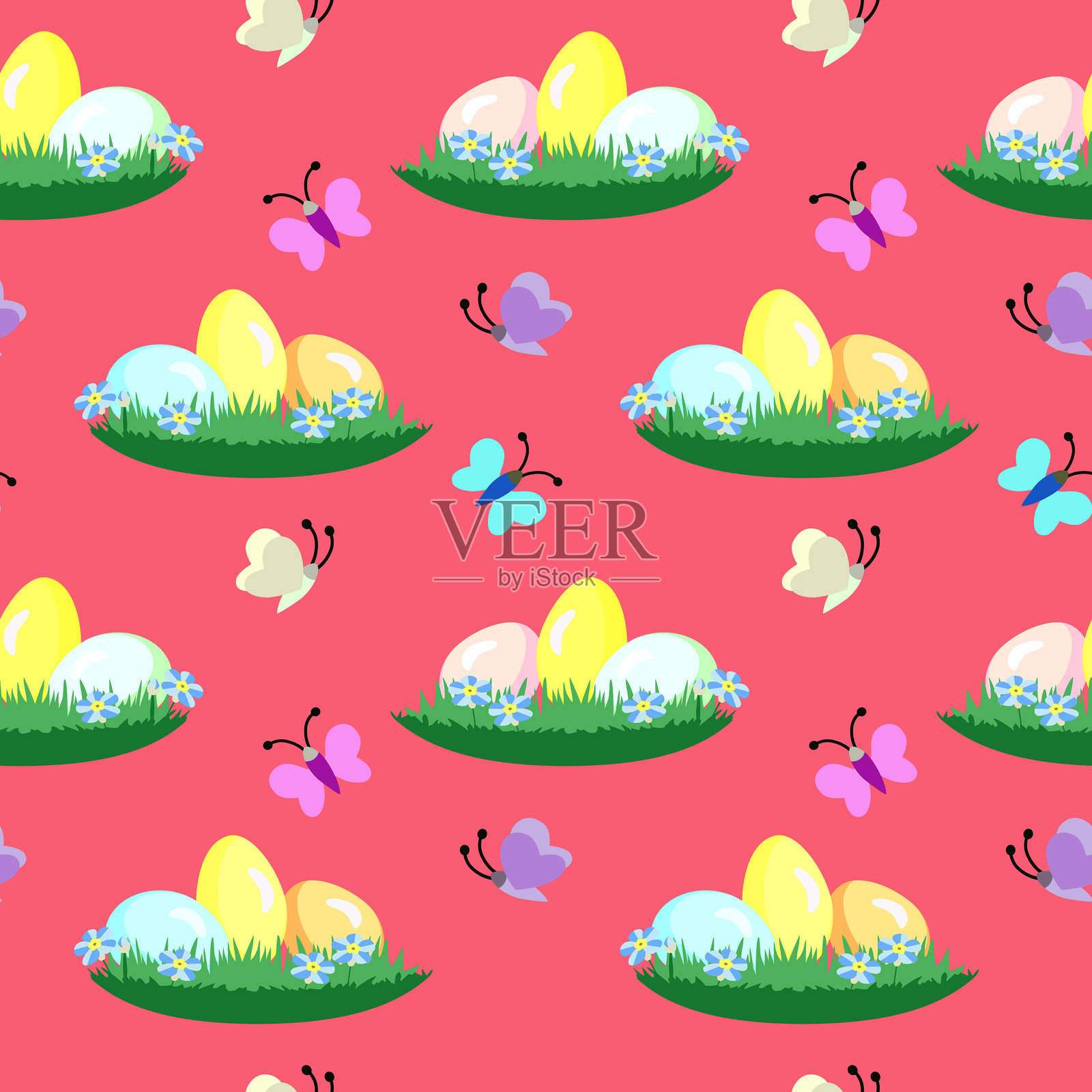 矢量 - 带有蝴蝶的复活节彩蛋无缝图案。插画图片素材
