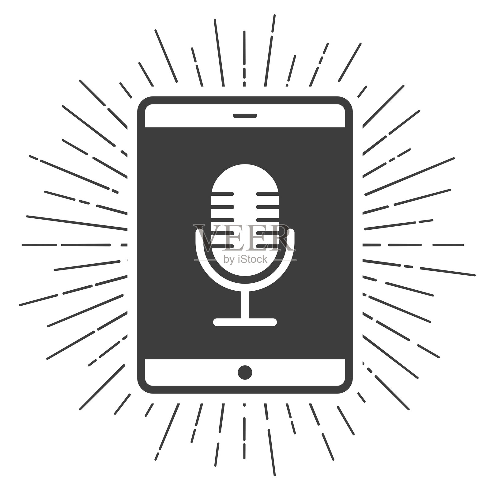 带麦克风的平板电脑。白色背景上的太阳光芒图标插画图片素材