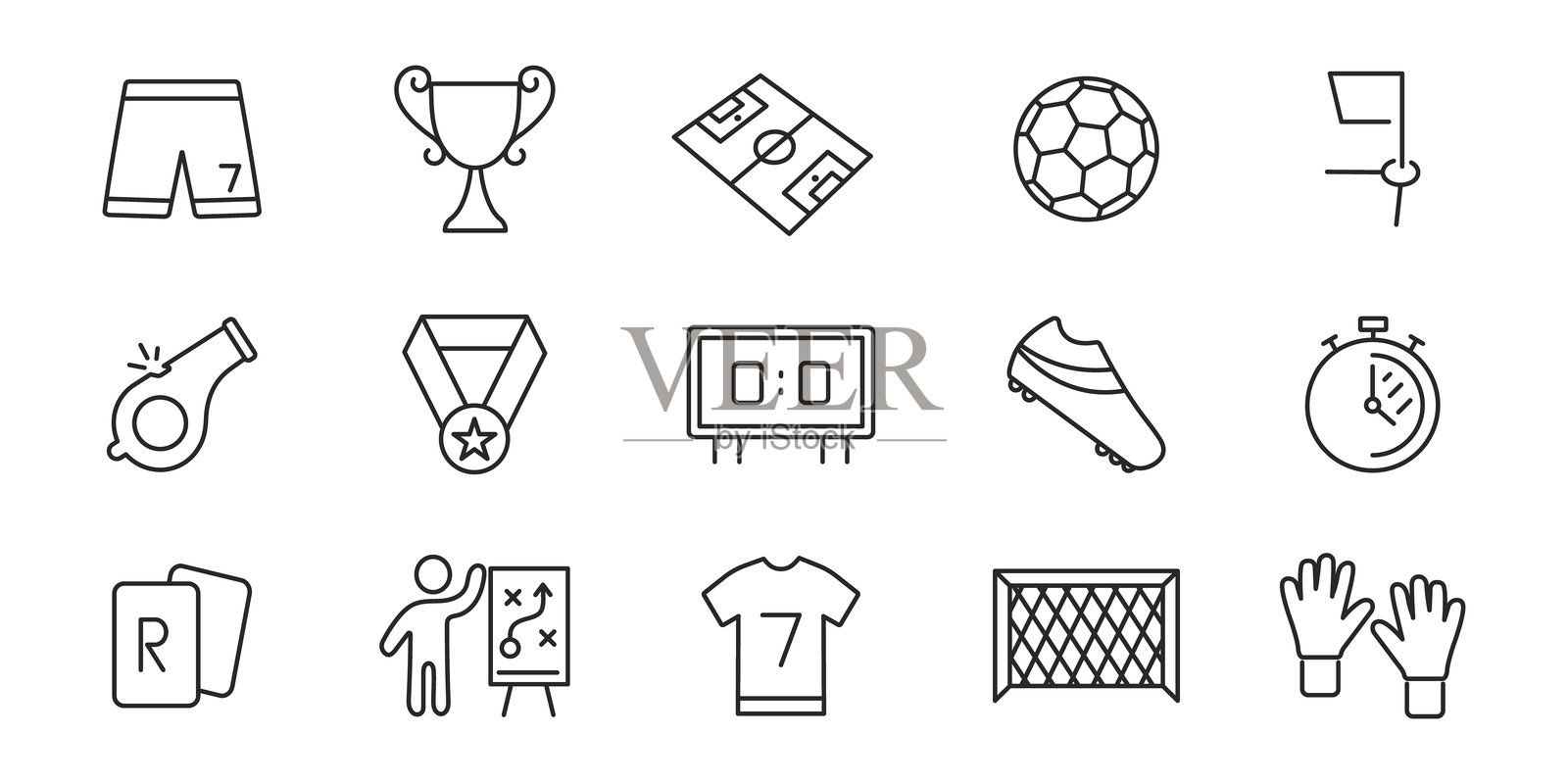 足球图标集。足球线条图标。球场、奖杯、奖牌、哨子、卡片。矢量简约插图。插画图片素材