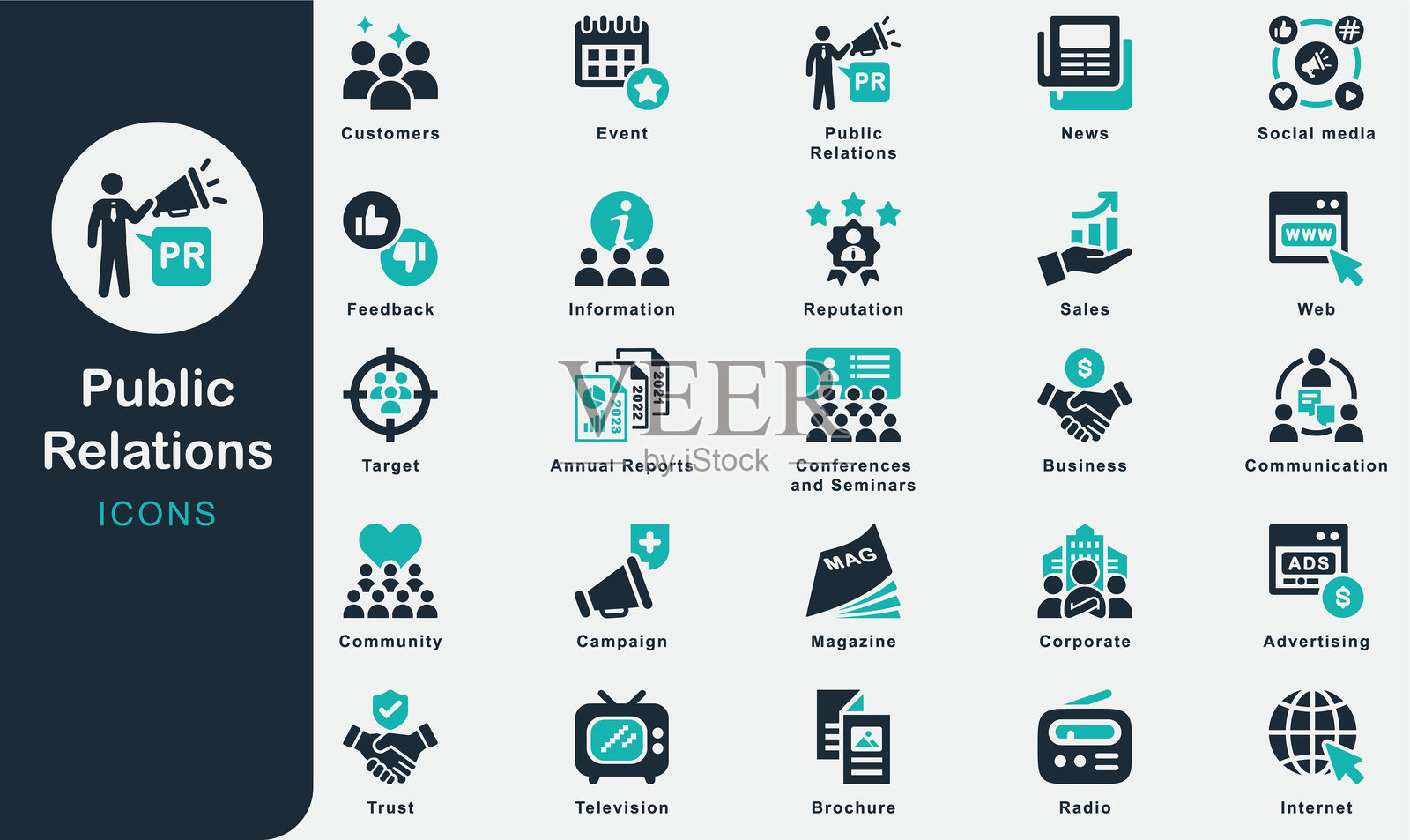公共关系（PR）实心图标集合。包含市场营销、商业、广告、沟通、社交媒体、会议、研讨会、活动、年度报告、信息、新闻、销售、客户、网络。插画图片素材