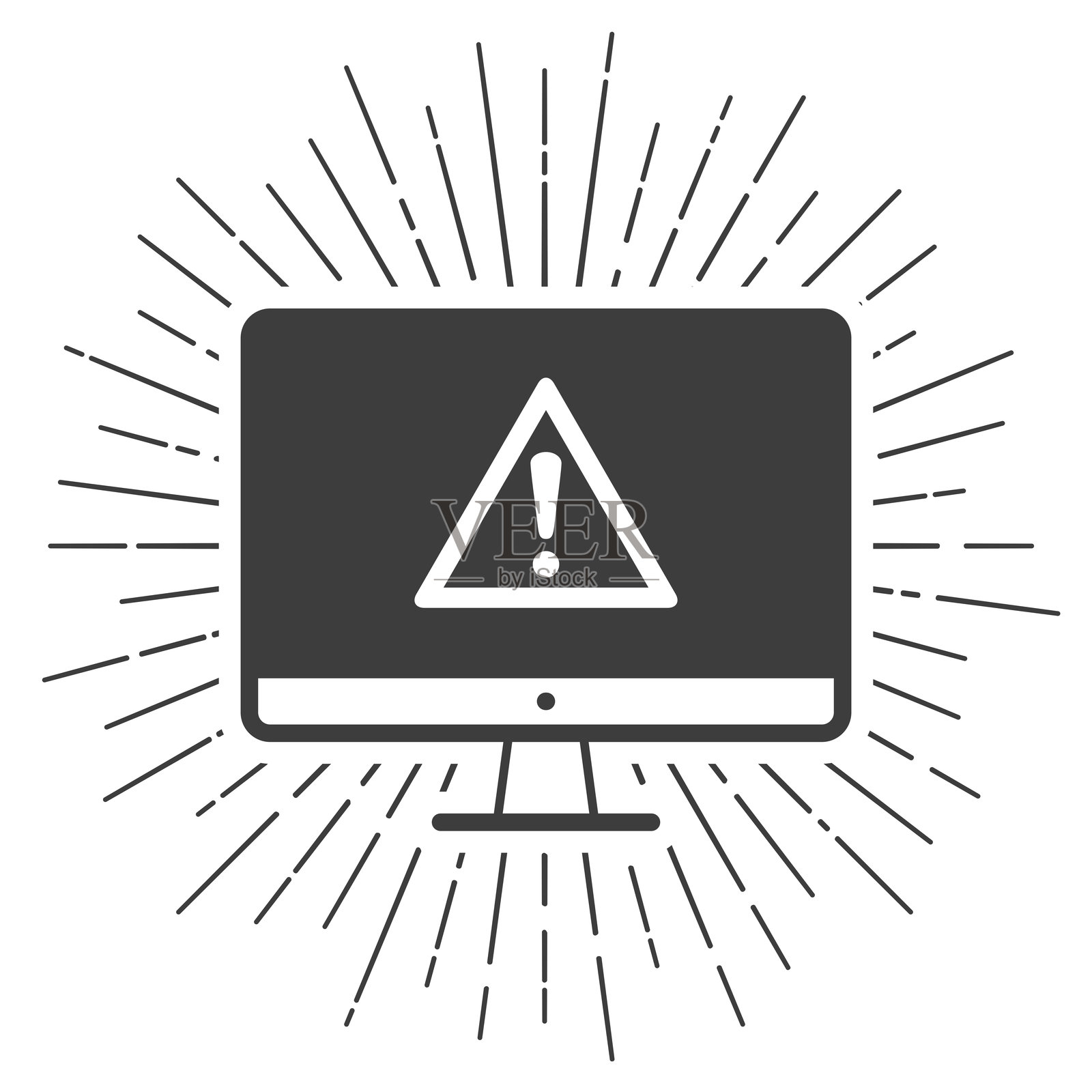 带有危险警告的台式电脑。白色背景上的太阳光辉图标插画图片素材