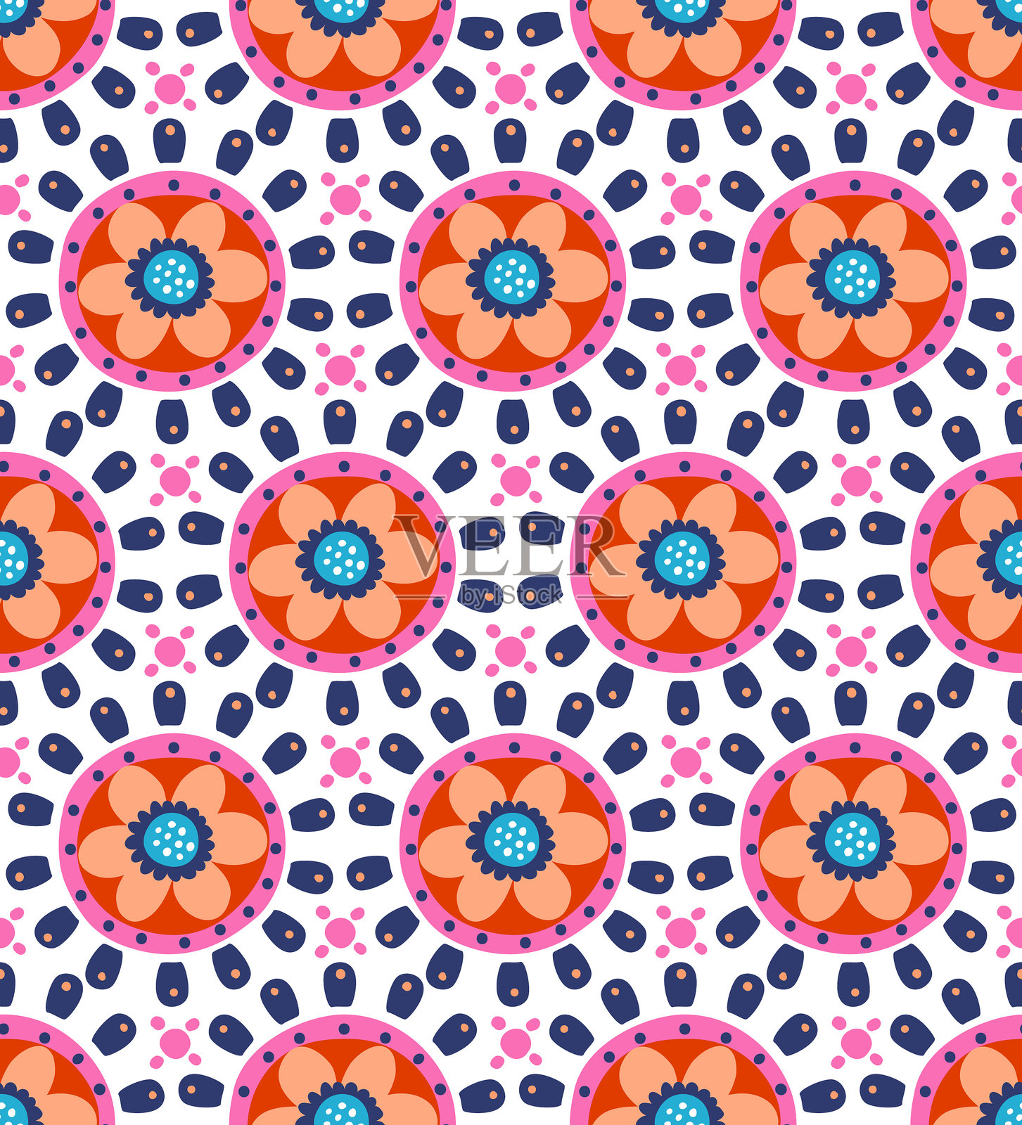 抽象波西米亚风格的花卉圆形无缝图案，矢量插图重复设计插画图片素材