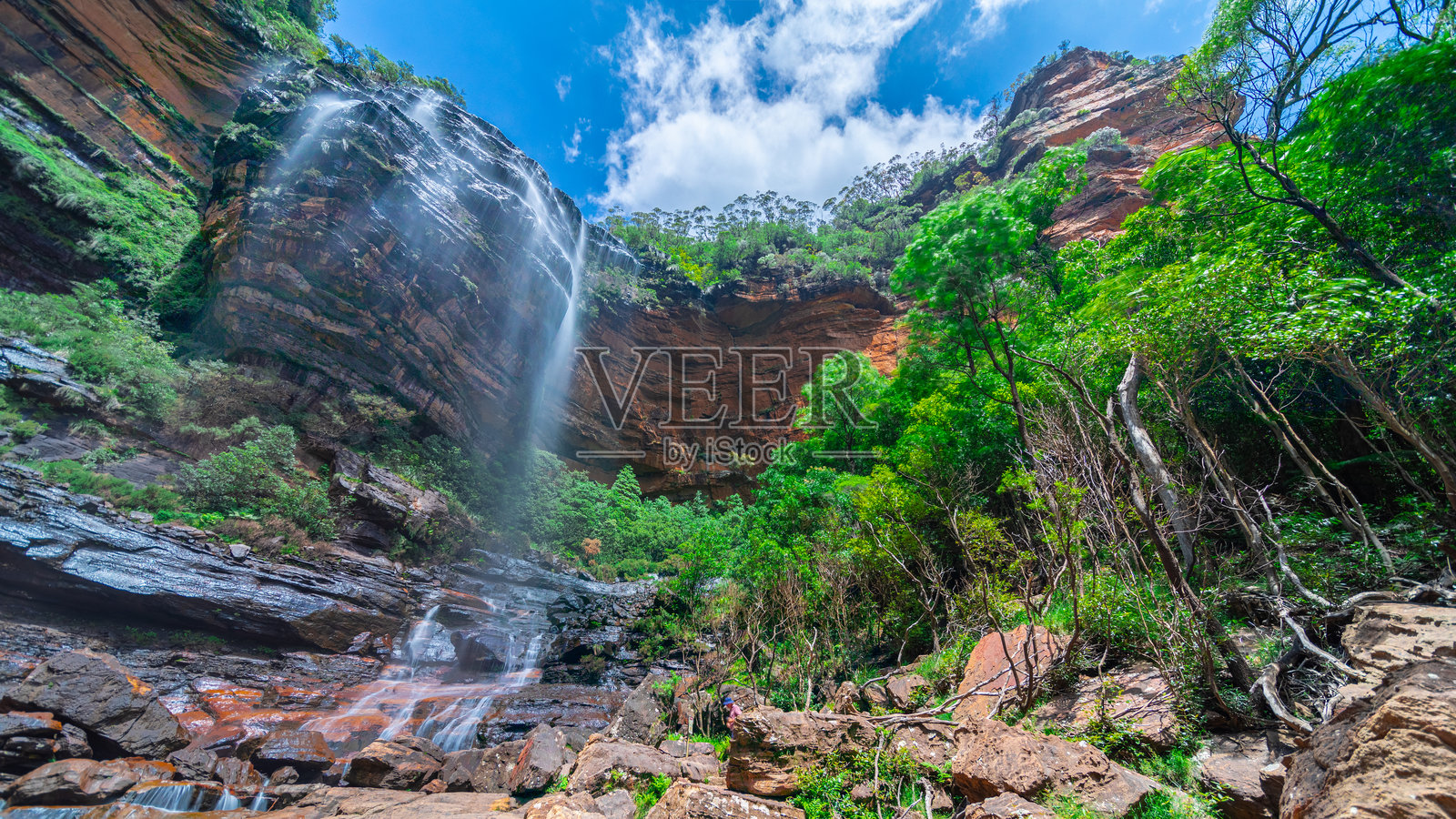 卡通巴蓝山壮丽的瀑布。走到山脚，你会到达这些位于澳大利亚新南威尔士州悉尼的美丽瀑布。照片摄影图片