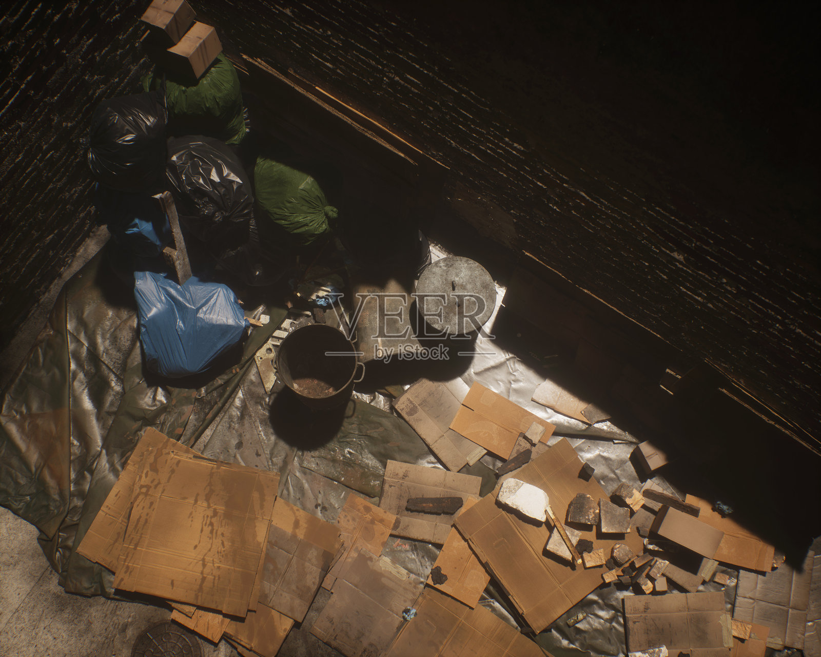 街道上靠近墙壁的各种垃圾。污染的城市环境。3D渲染。照片摄影图片