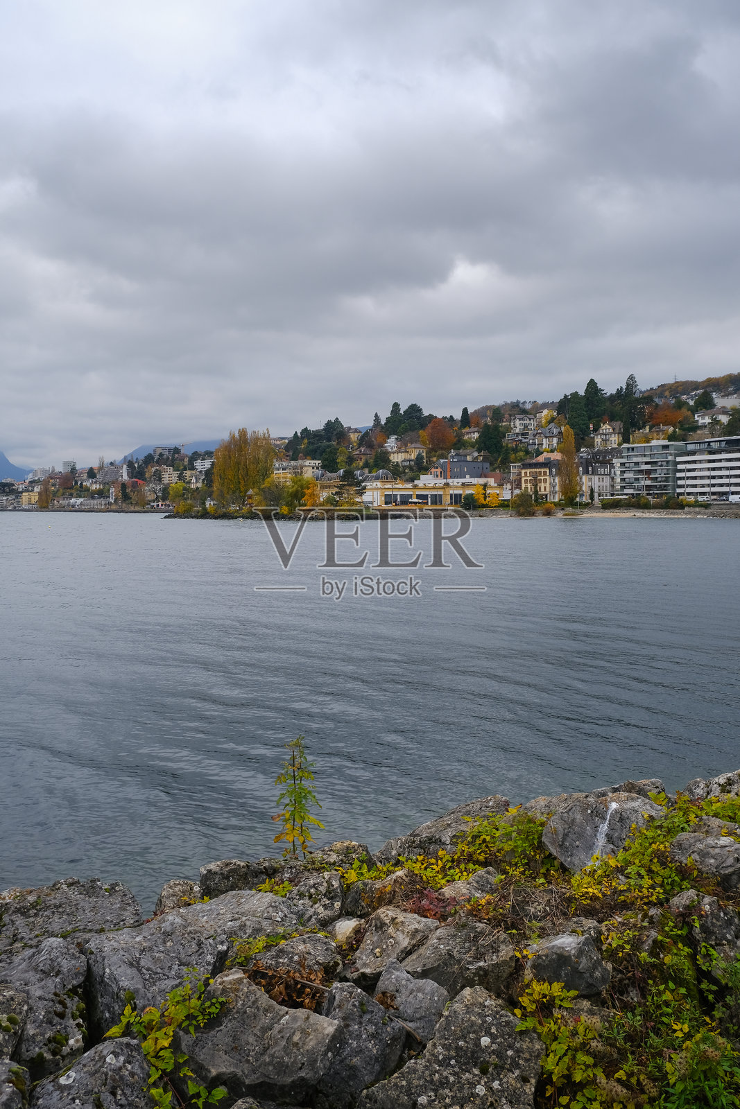 瑞士纳沙泰尔湖上的阴郁天气景观照片摄影图片