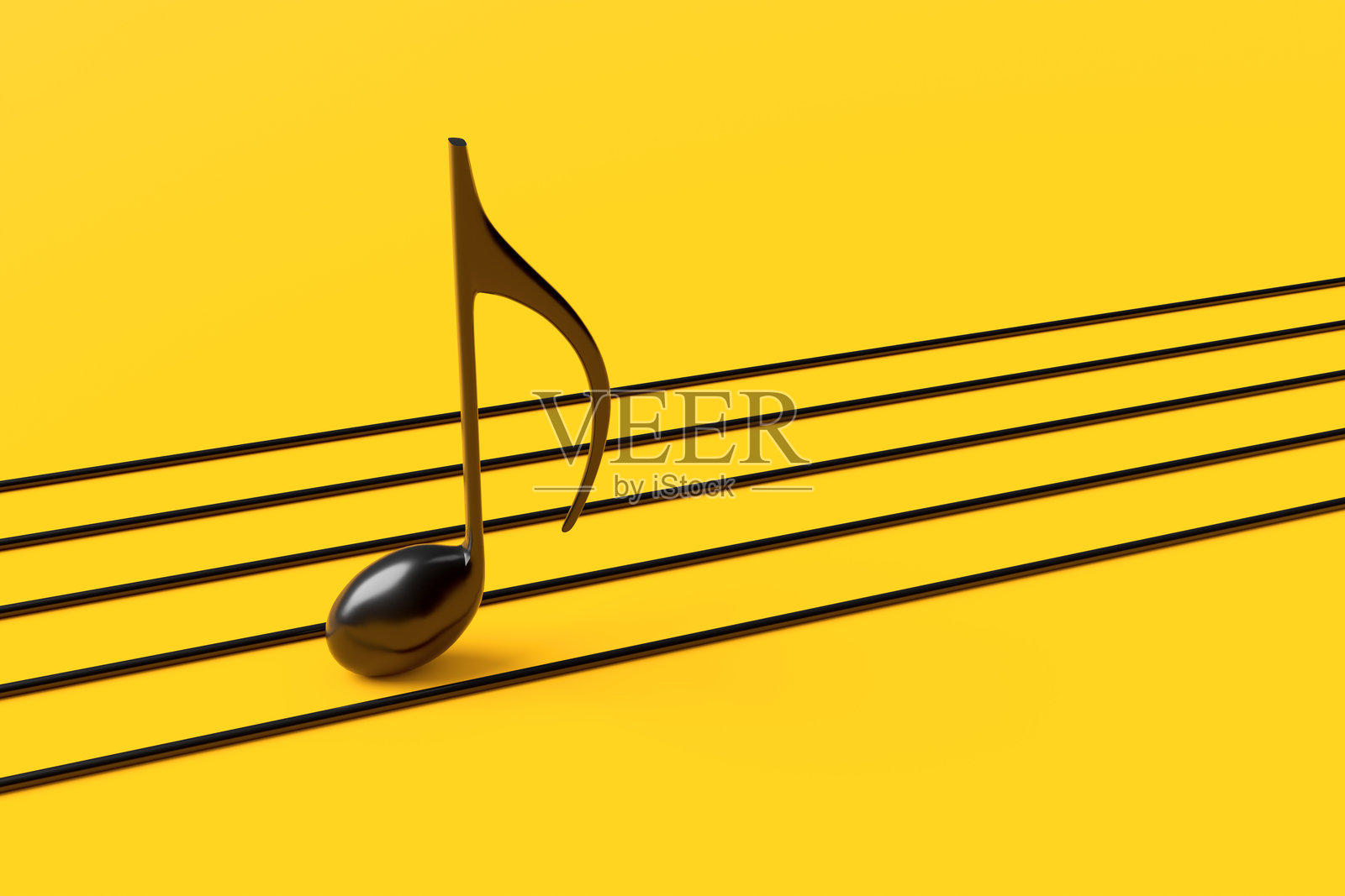黑色音符站在五线谱上，背景为黄色照片摄影图片