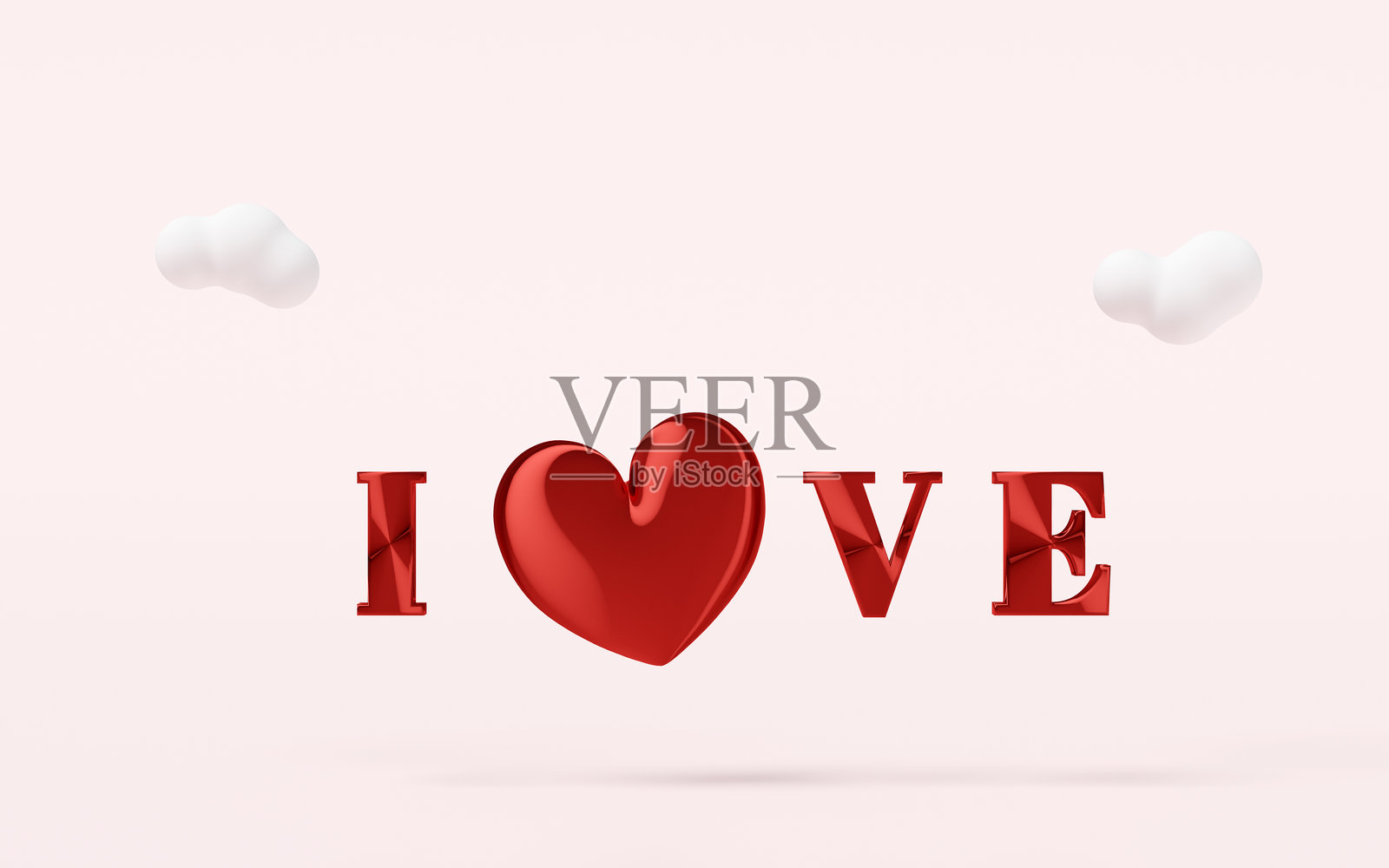 3D爱字与心形、云朵在粉色背景上独立展示。情人节快乐概念，3D插图渲染。照片摄影图片