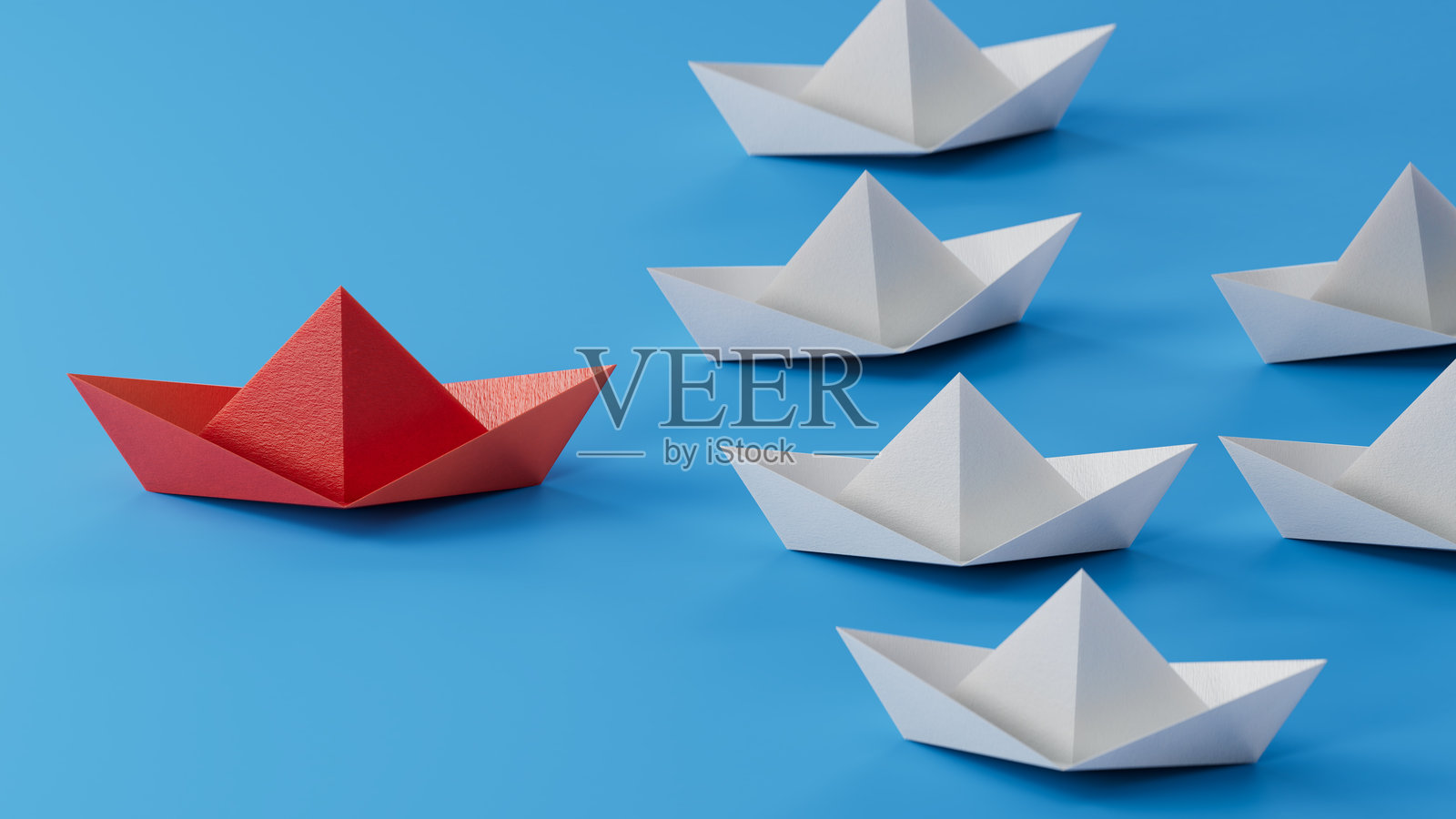 不同的商业概念。新想法。纸艺风格。使用红色纸船在白色船只中展示领导力概念。蓝色背景上的3D渲染。照片摄影图片