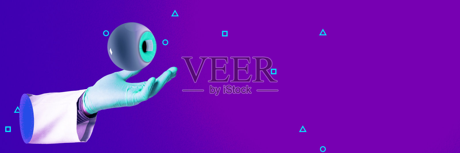 生动的设计，手套手握着风格化的人眼，强调眼科和视力健康。现代艺术拼贴。照片摄影图片