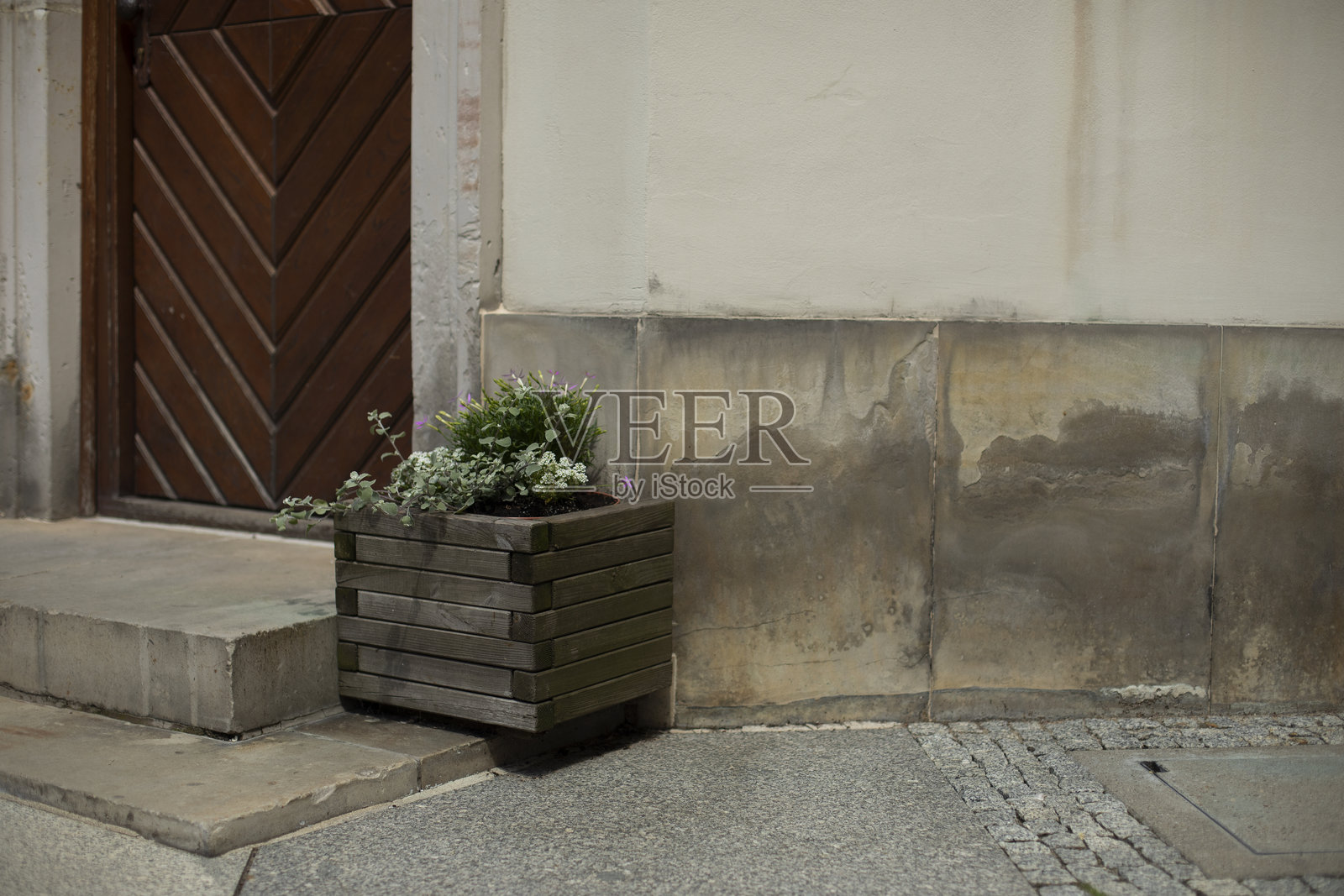 街道上门前的木箱和花朵照片摄影图片