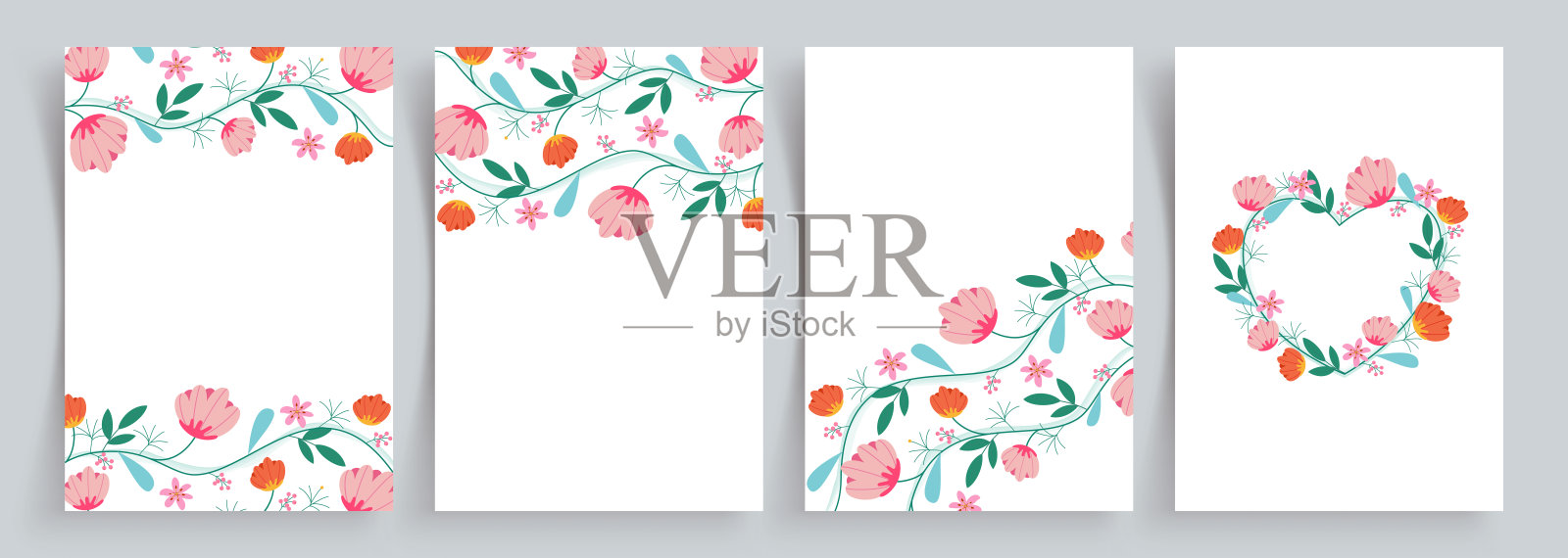 花卉绘画贺卡剪贴画套装。春季花卉模板，水彩画风格，适用于邀请函和壁纸。插画图片素材