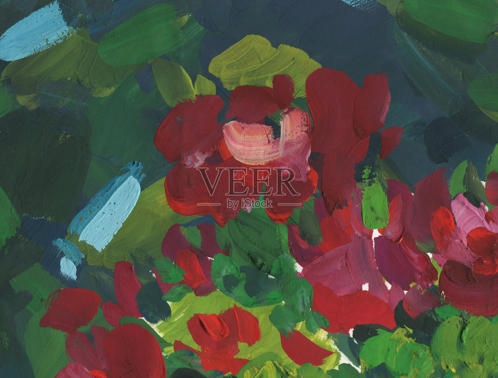 绿色背景上的红色花朵。手绘插图插画图片素材