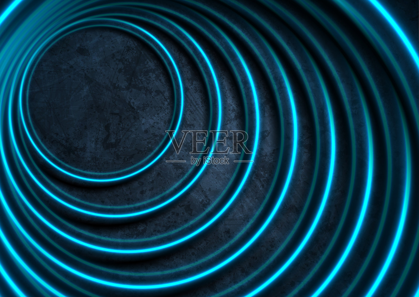 明亮的蓝色磨损抽象背景，带有霓虹激光圆圈插画图片素材