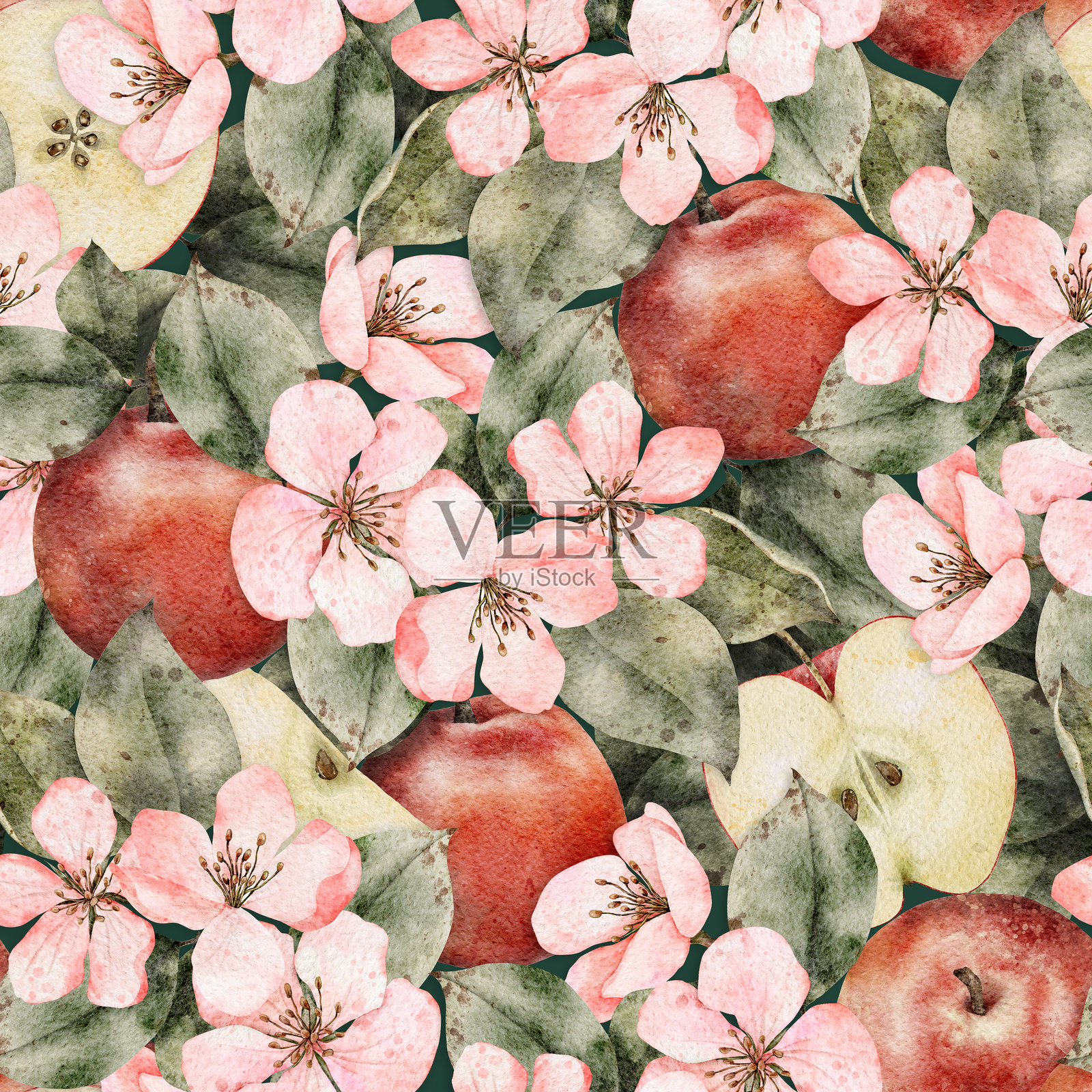 新鲜红苹果、叶子和花朵的无缝图案。食品纹理。重复的红色多汁整苹果。水彩插图，适用于果汁包装、桌布、封面、围裙、苹果采摘或食品。插画图片素材