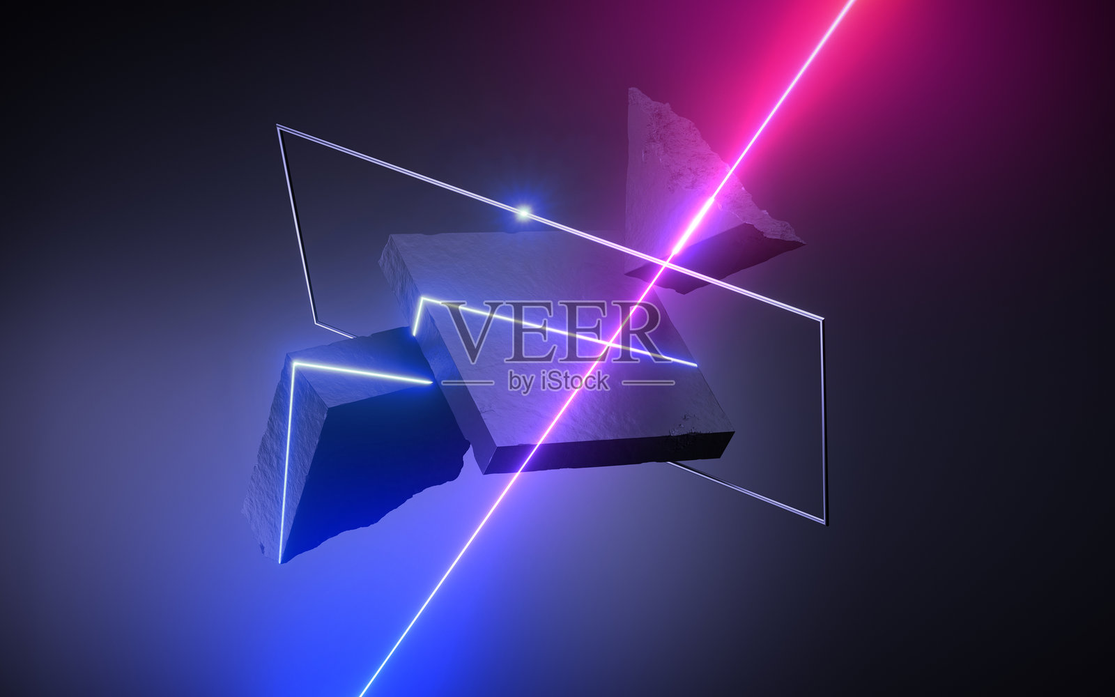 未来感的霓虹背景。悬浮的3D几何形状：黑色岩石石板和带有霓虹线条装饰的混凝土块，漂浮在黑暗中。照片摄影图片