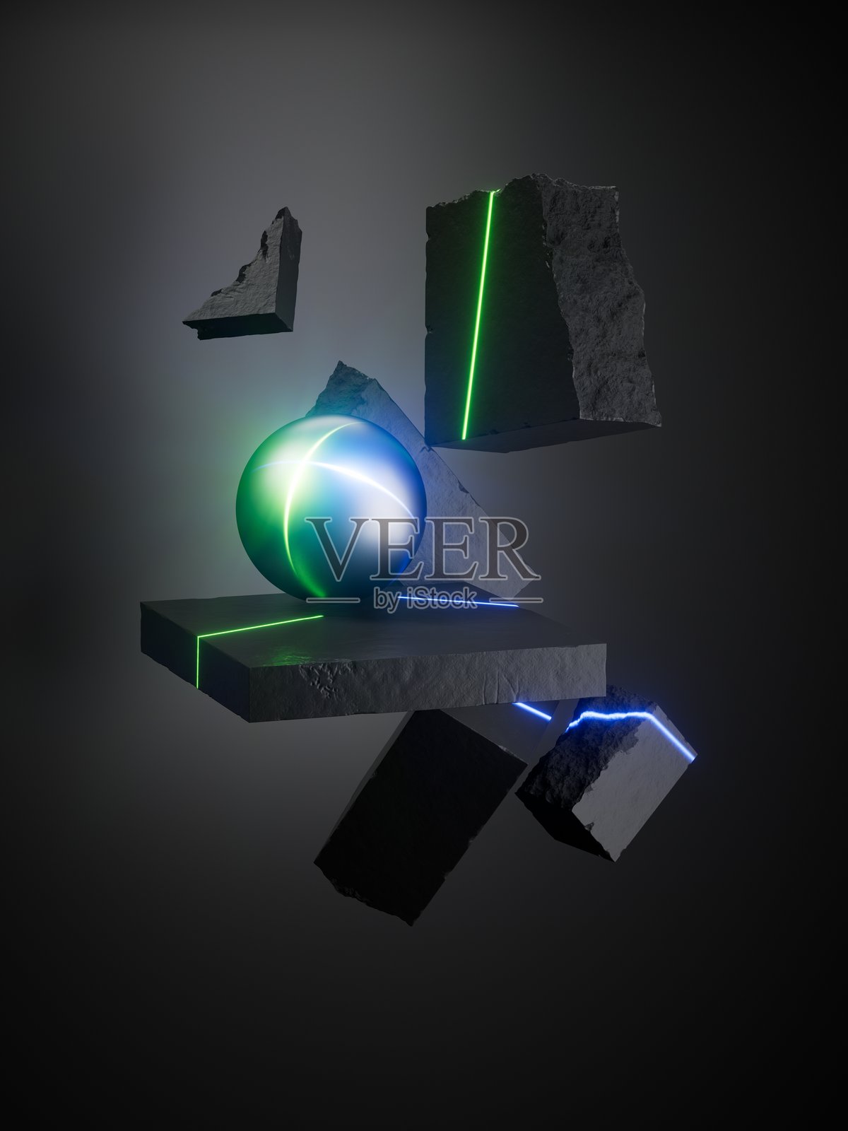 3D渲染。抽象极简主义的几何物体组合：在黑暗中悬浮的球体和混凝土块，孤立于黑色背景。用绿色和蓝色霓虹灯光点亮。照片摄影图片