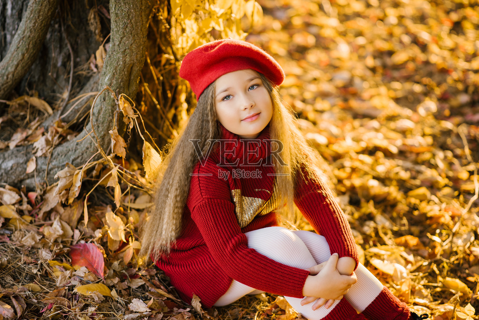 小女孩坐在秋天的城市公园树旁，正在玩耍，享受秋日的时光。照片摄影图片