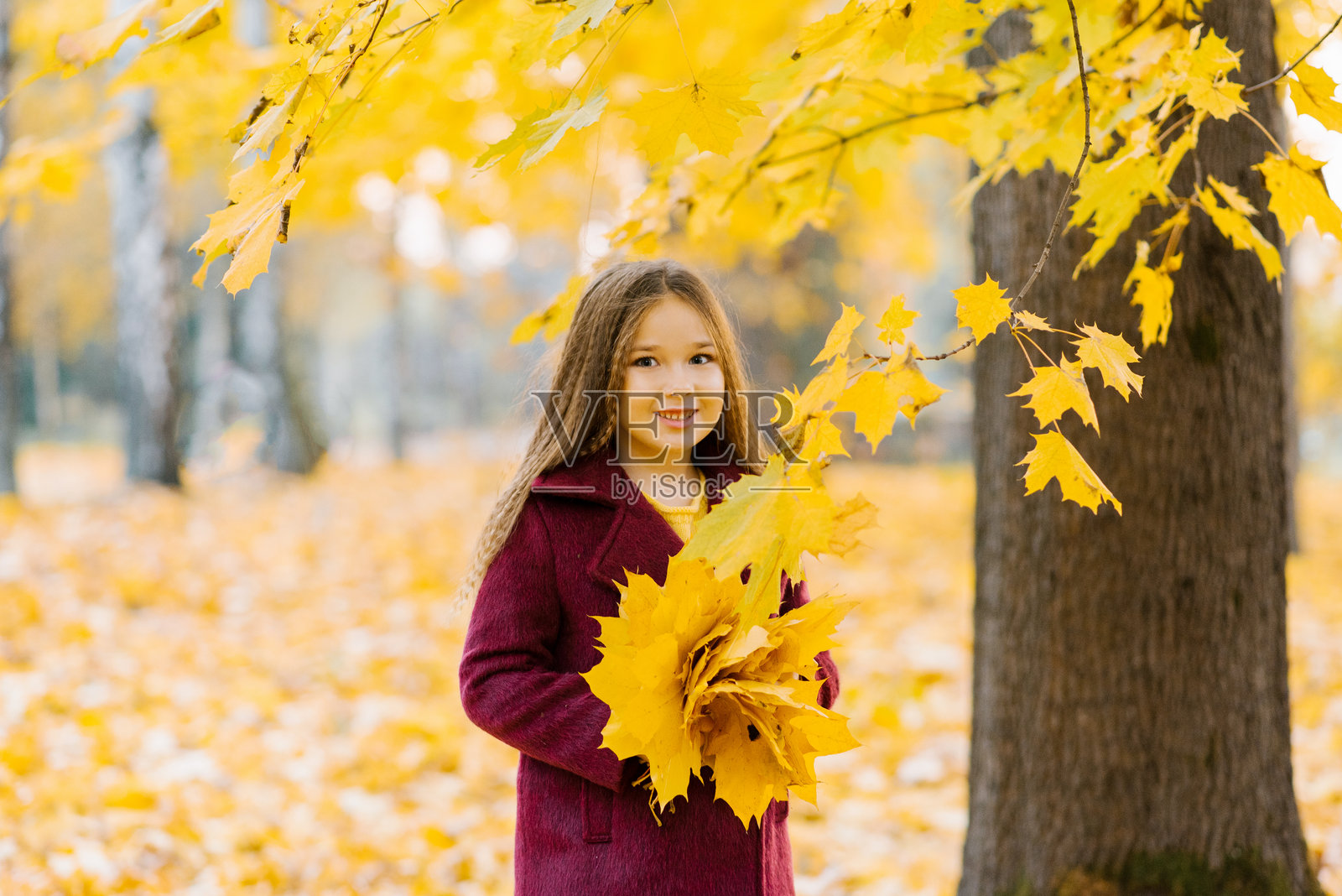 秋季街头肖像：一位穿着外套的美丽快乐小女孩在公园或森林中散步照片摄影图片