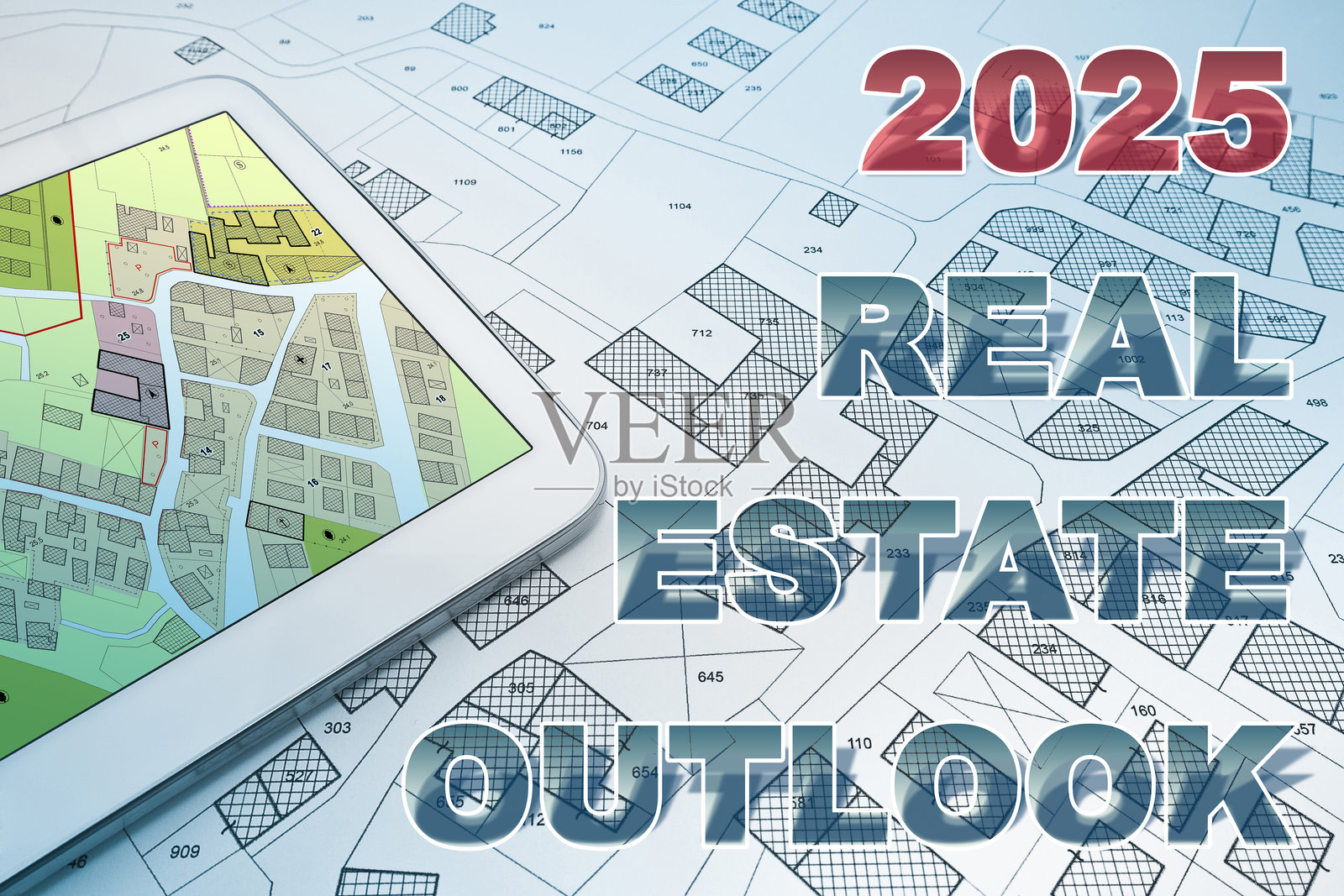 2025年房地产展望 - 建筑活动和建筑行业的商业概念 - 新财年和2025年预算概念的想象性地籍图照片摄影图片